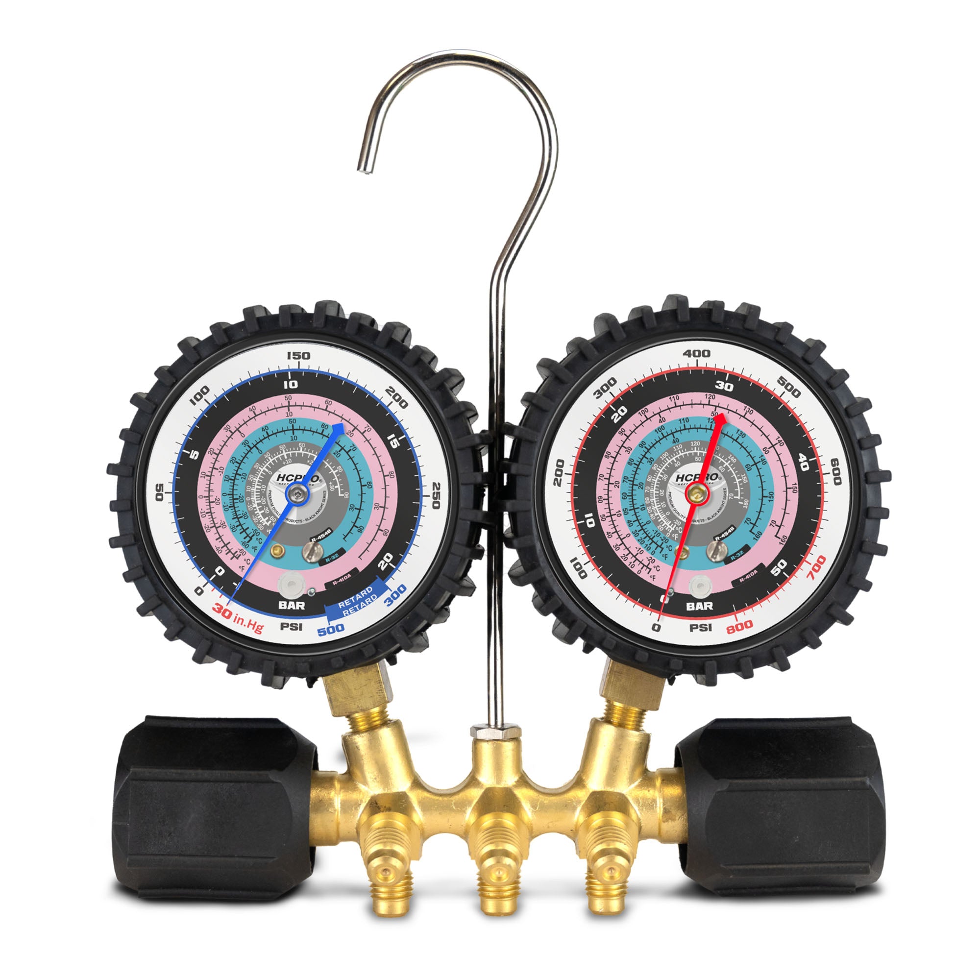HC-2V2Y3LP Brass 2-Way Manifold Gauge Set R32, R454b, R410a °F/°C PSI, 3-1/8" Gauges, (3) 36” Standard ¼” Premium Black Hoses Rated 4000 PSI Burst, 800 PSI image 1
