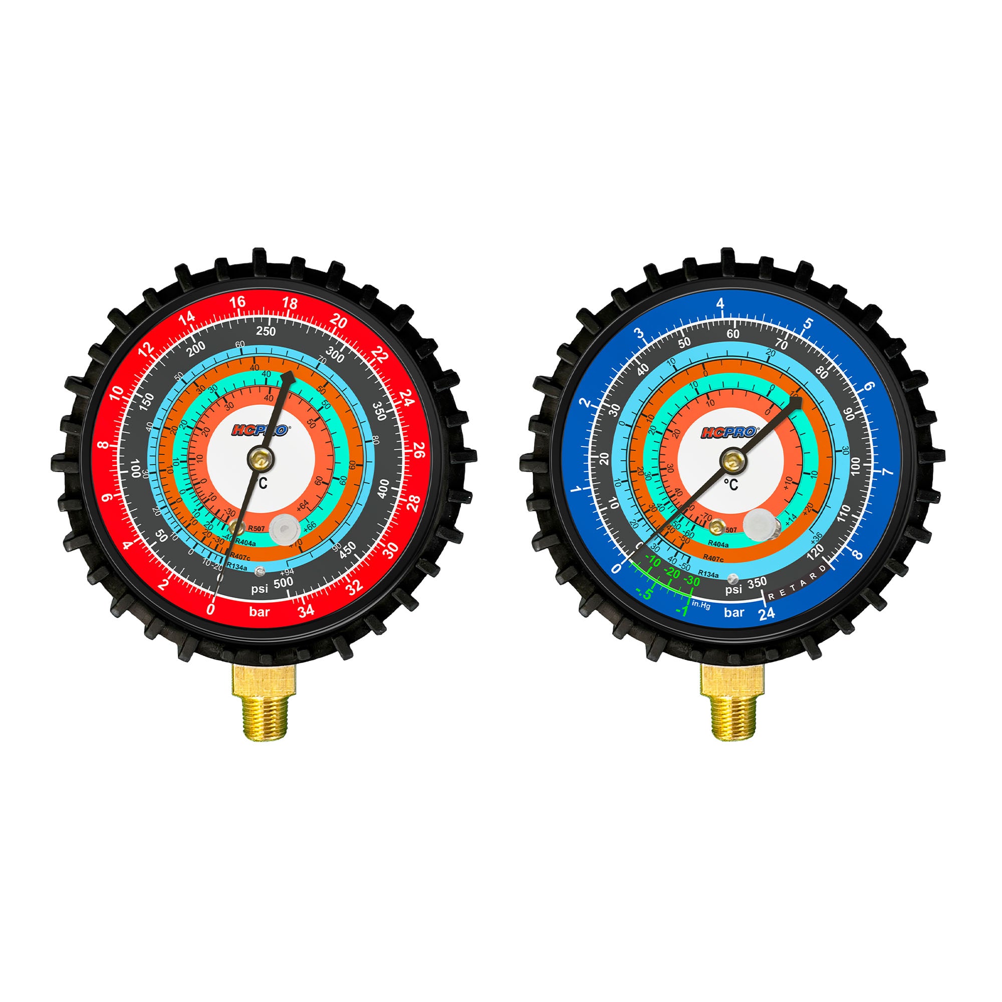 HC-2V2C5BK Brass 2-Way Manifold Gauge Set R134a, R404a, R407c, R507 °C PSI, 3-1/8" Gauges, (5) 60” Standard ¼” Premium Black Hoses Rated 4000 PSI Burst, 800 PSI image 5