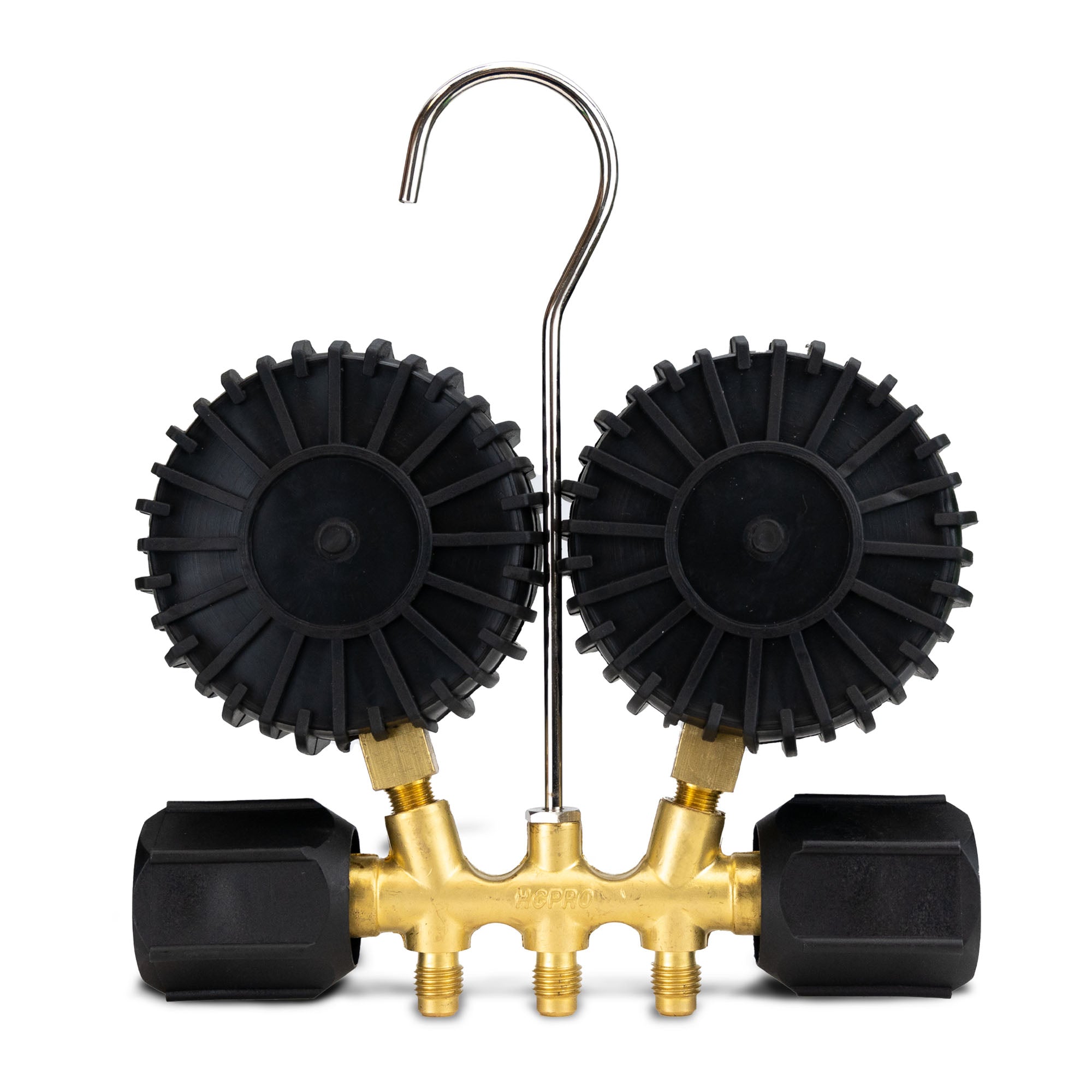 HC-2V2F5BK Brass 2-Way Manifold Gauge Set R410a, R22, R404a, R134a °F PSI, 3-1/8" Gauges, (5) 60” Standard ¼” Premium Black Hoses Rated 4000 PSI Burst, 800 PSI image 3