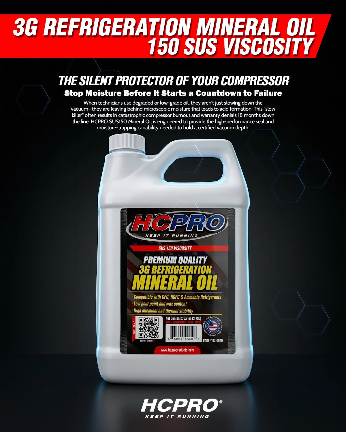 HCPRO 3G Refrigeration Mineral Oil bottle with text on a dark background