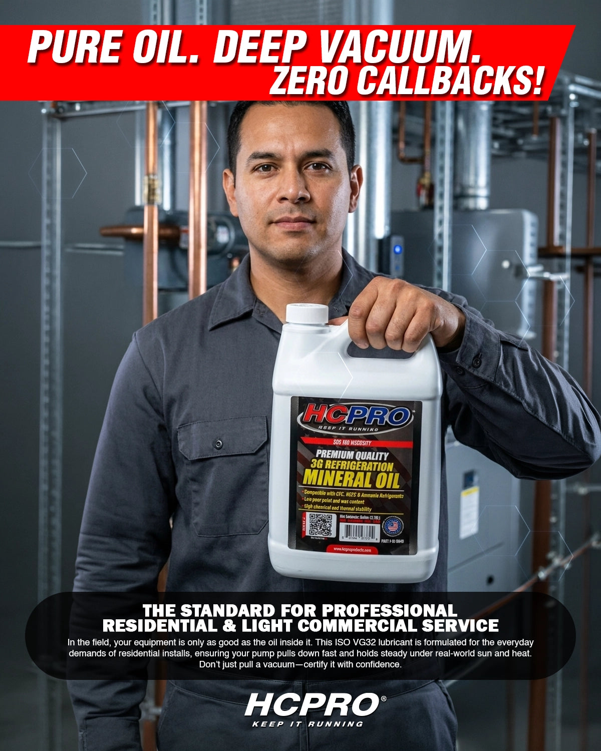 Man holding a HCPRO oil container with text about oil quality and service.