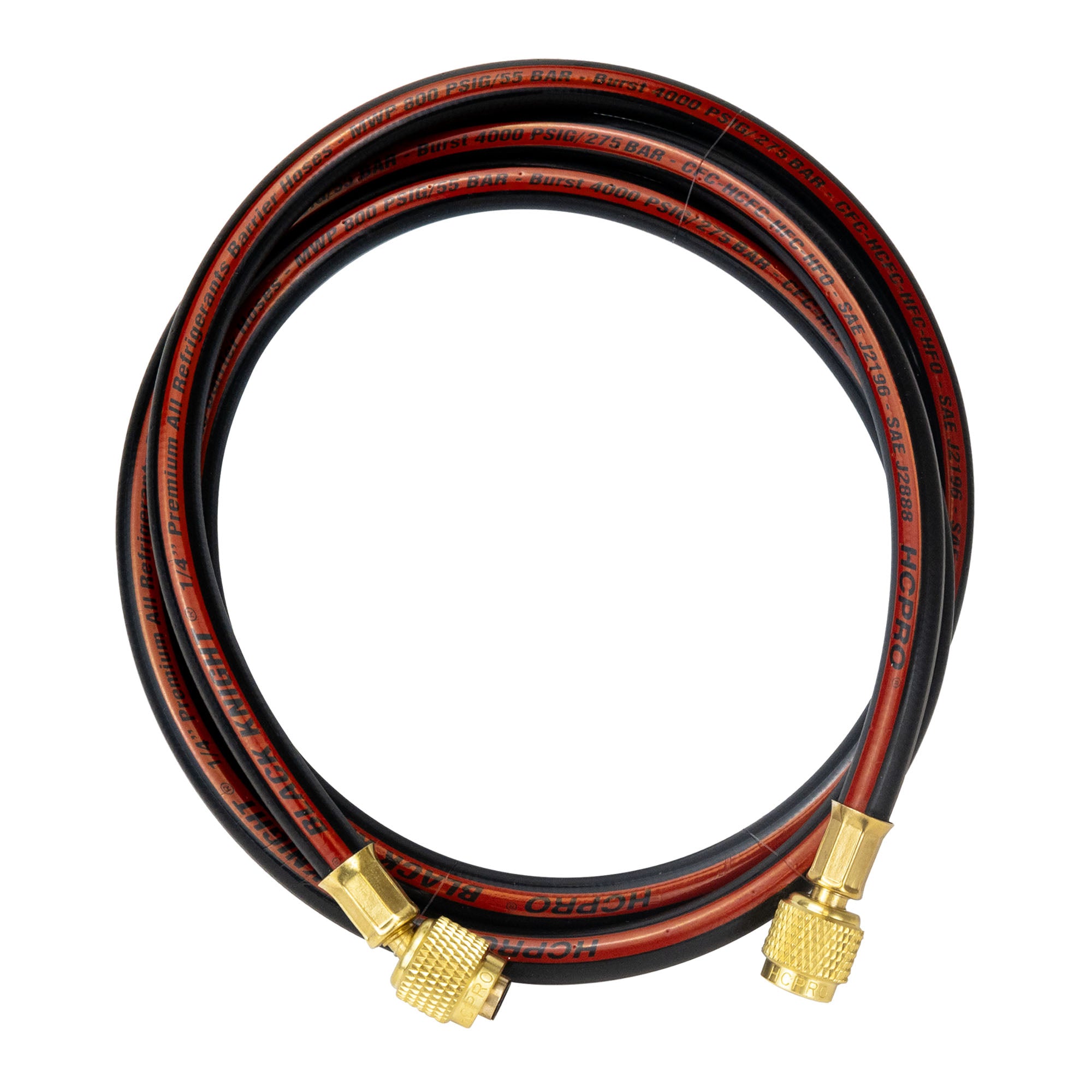 HC-2V2F5BK Brass 2-Way Manifold Gauge Set R410a, R22, R404a, R134a °F PSI, 3-1/8" Gauges, (5) 60” Standard ¼” Premium Black Hoses Rated 4000 PSI Burst, 800 PSI image 6