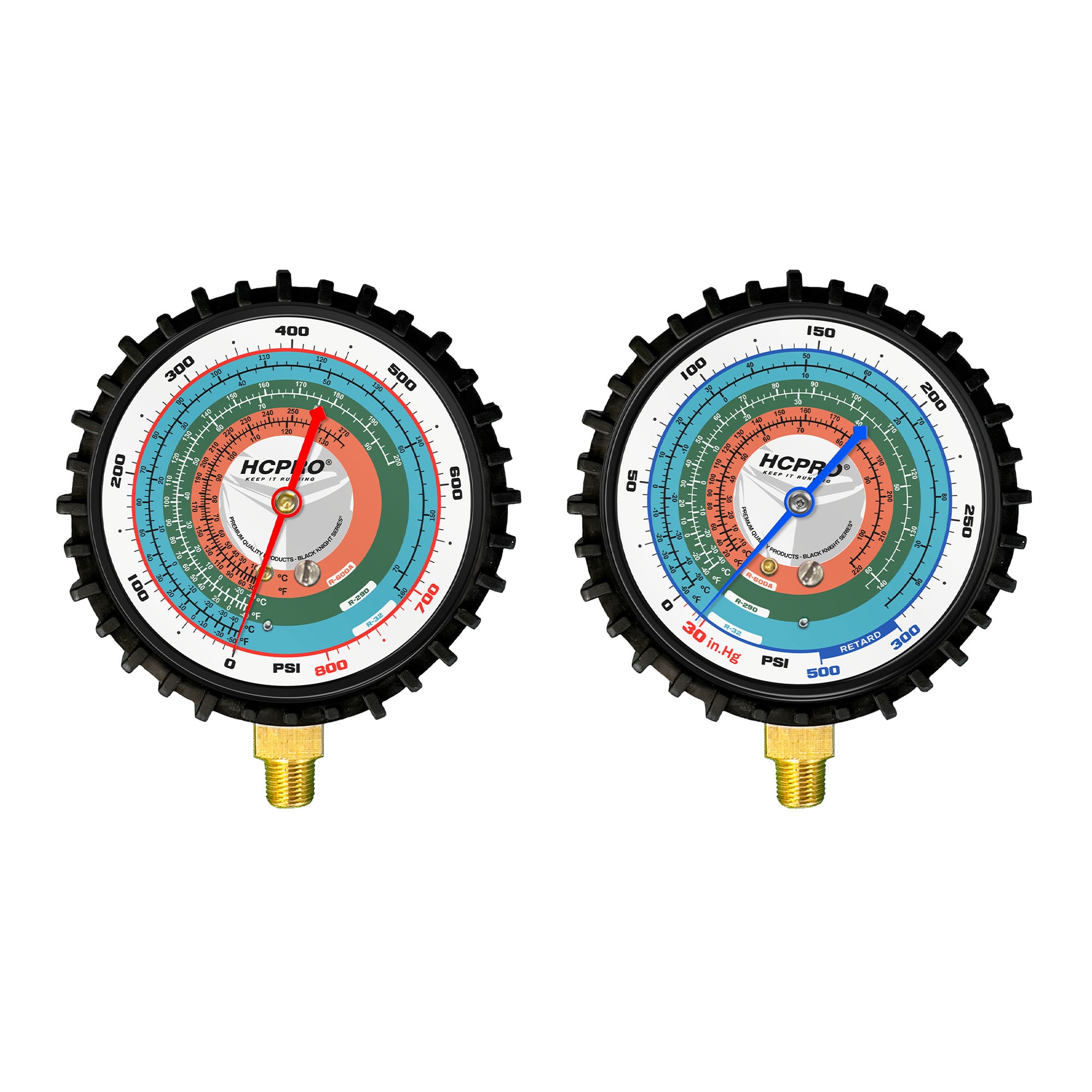 HC-2V2Y5P Brass 2-Way Manifold Gauge Set R32, R290, R600 (Hydrocarbons) °F/°C PSI, 3-1/8" Gauges, (3) 60” Standard ¼” Premium Black Hoses Rated 4000 PSI Burst, 800 PSI image 4