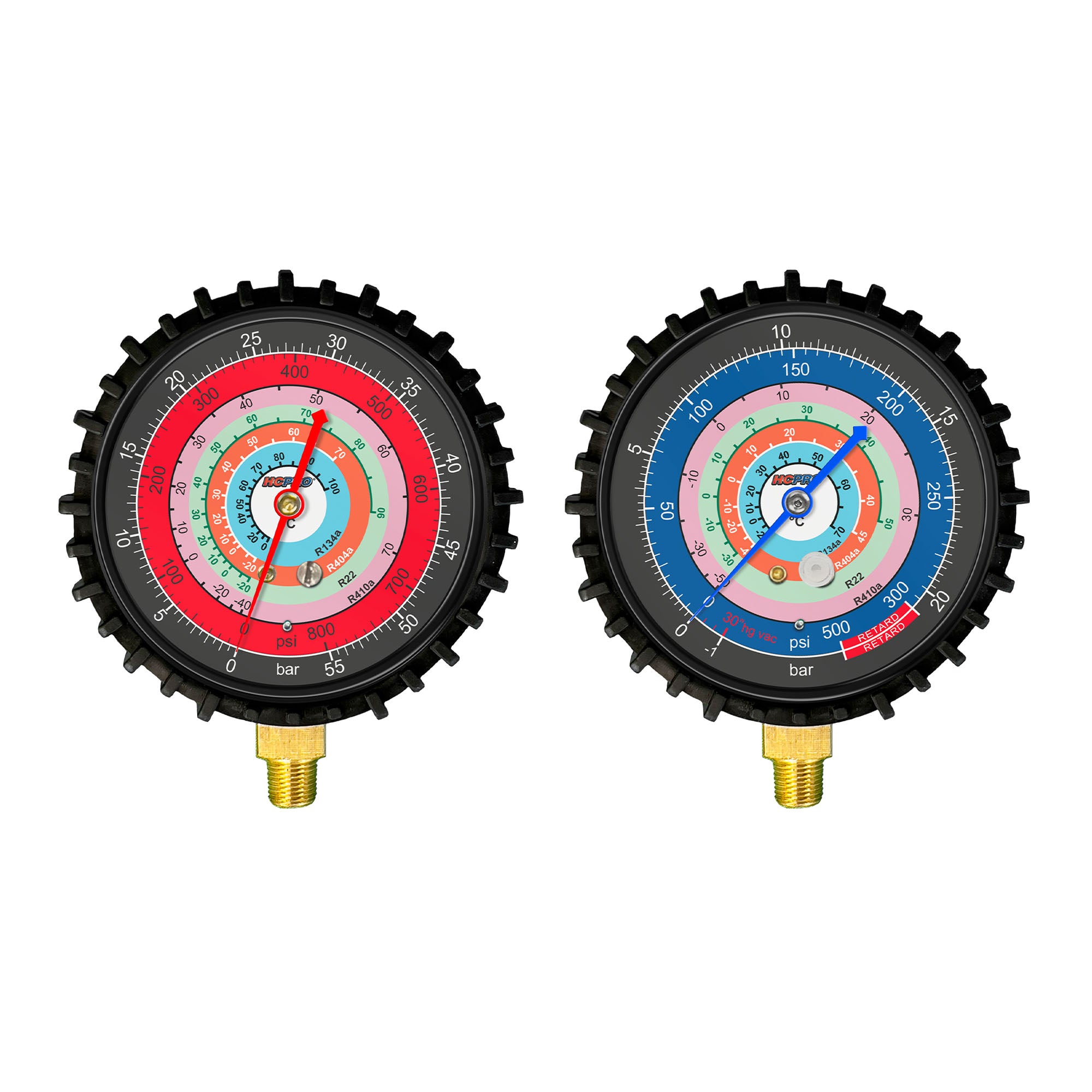 HC-2V2C5BK Brass 2-Way Manifold Gauge Set R410a, R22, R404a, R134a °C PSI, 3-1/8" Gauges, (5) 60” Standard ¼” Premium Black Hoses Rated 4000 PSI Burst, 800 PSI image 5