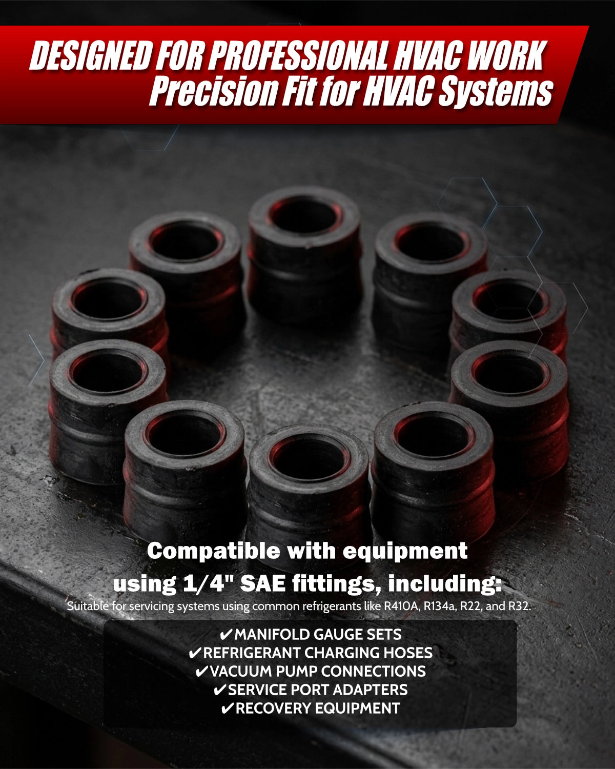 Set of black rubber gaskets with red accents on a dark background, labeled for HVAC work.