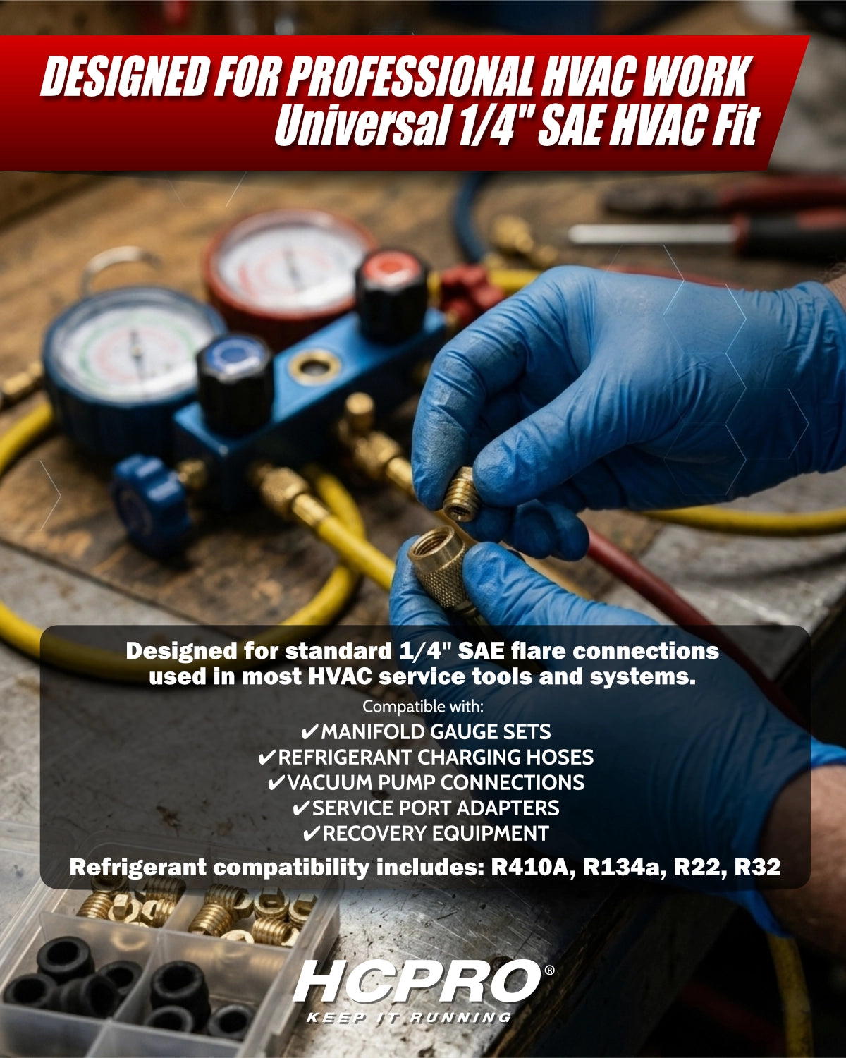 Person wearing blue gloves working on HVAC tools with text about universal 1/4" SAE HVAC fitting.