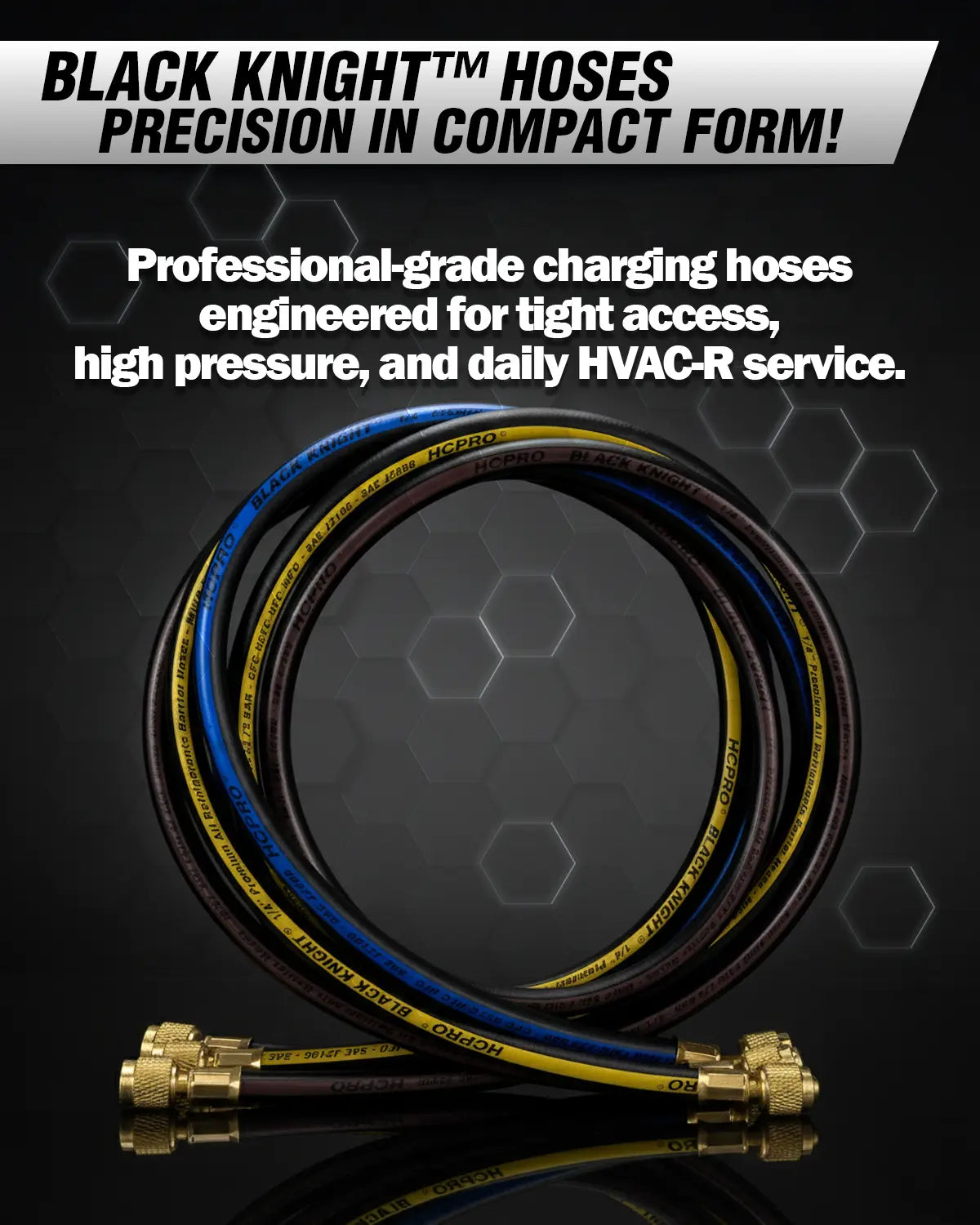 HCPRO Black Knight 1/4" x 3' HVAC Charging Hose Set | Compact 3-Hose Kit