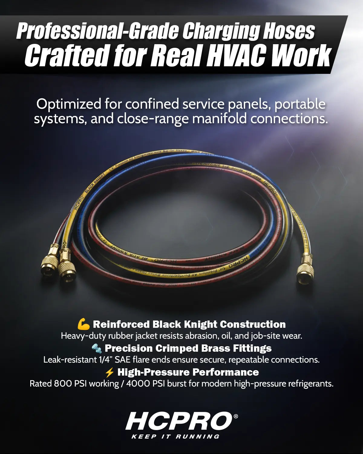 HCPRO Black Knight 1/4" x 3' HVAC Charging Hose Set | Compact 3-Hose Kit