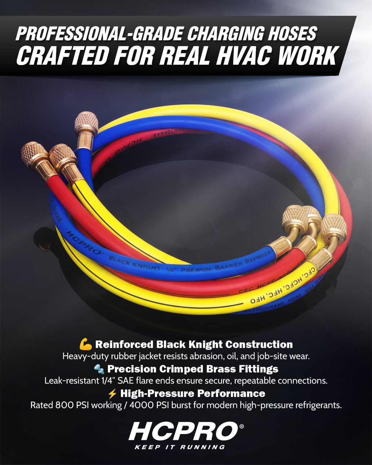 HCPRO Black Knight 1/4" x 3' HVAC Charging Hose Set | Compact 3-Hose Kit
