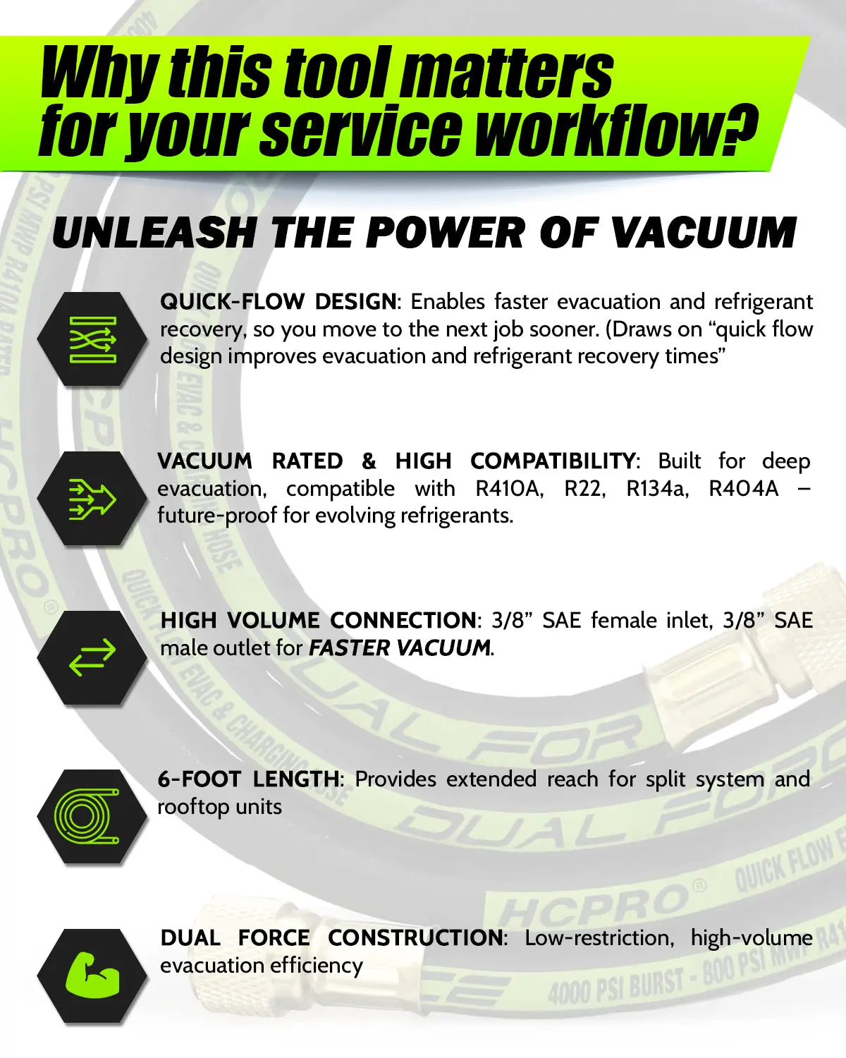 Dual Force 3/8" x 6' SAE HVAC Evacuation & Charging Hose R410A Rated