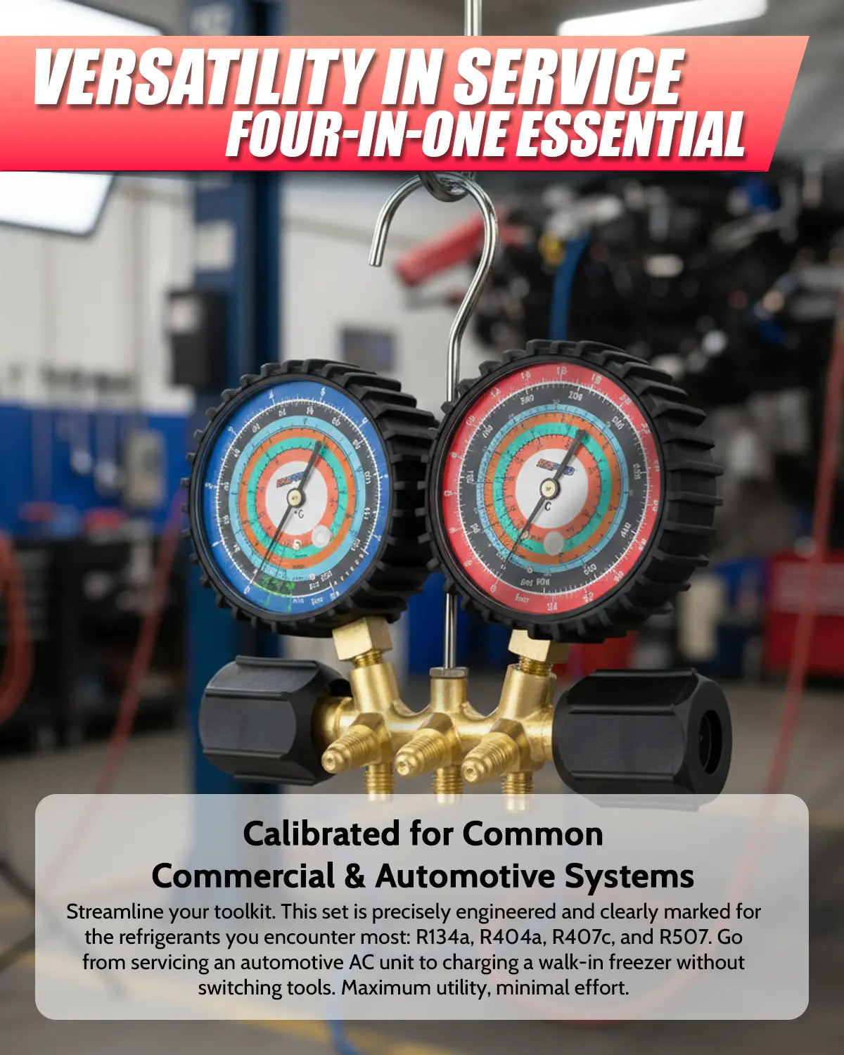 Two pressure gauges on a hook with text about versatility and calibration for commercial and automotive systems.