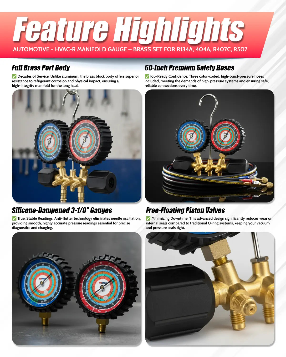 Automotive HVAC-R manifold gauge set with feature highlights on a white background