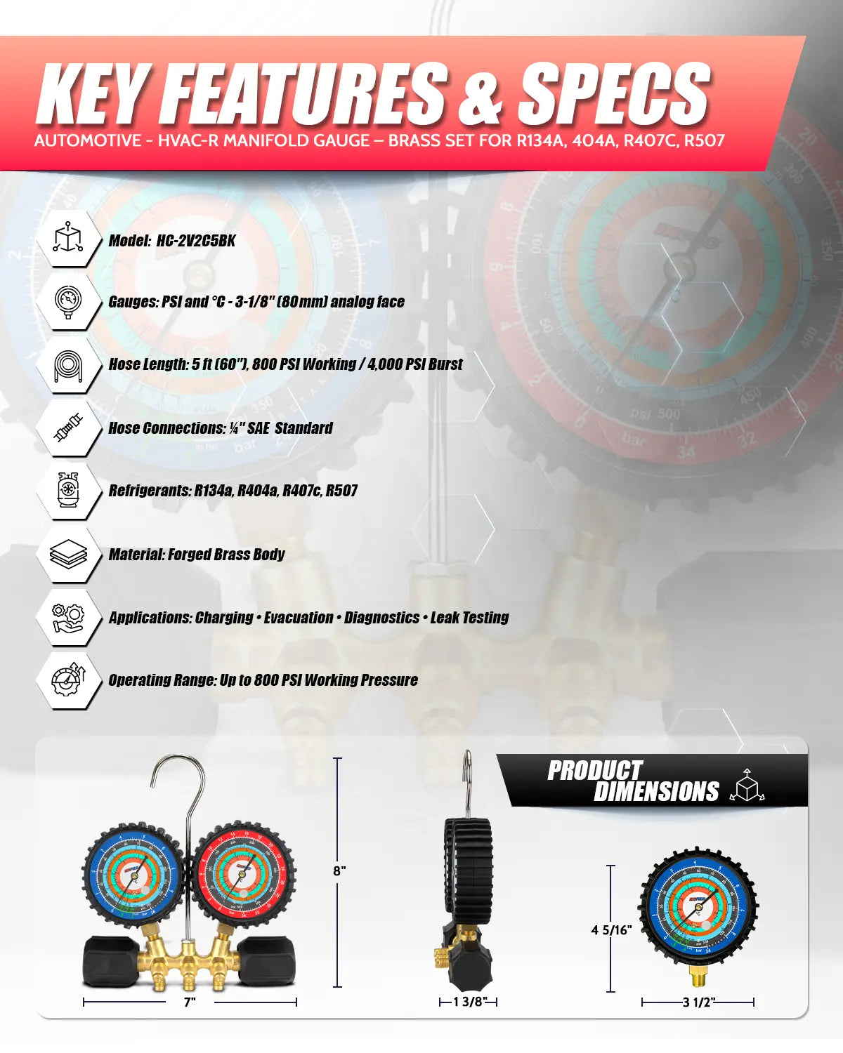 Brass manifold gauge set with key features and specifications on a white background