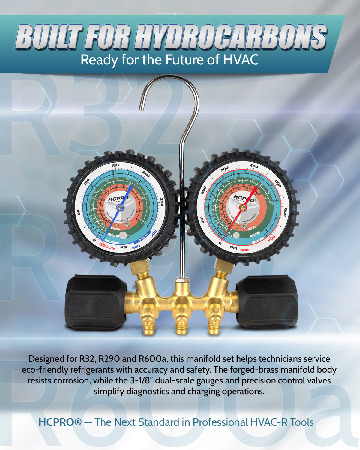 Hydrocarbon Manifold Gauge – Brass Set for R32/R290/R600 + 5 ft Hoses