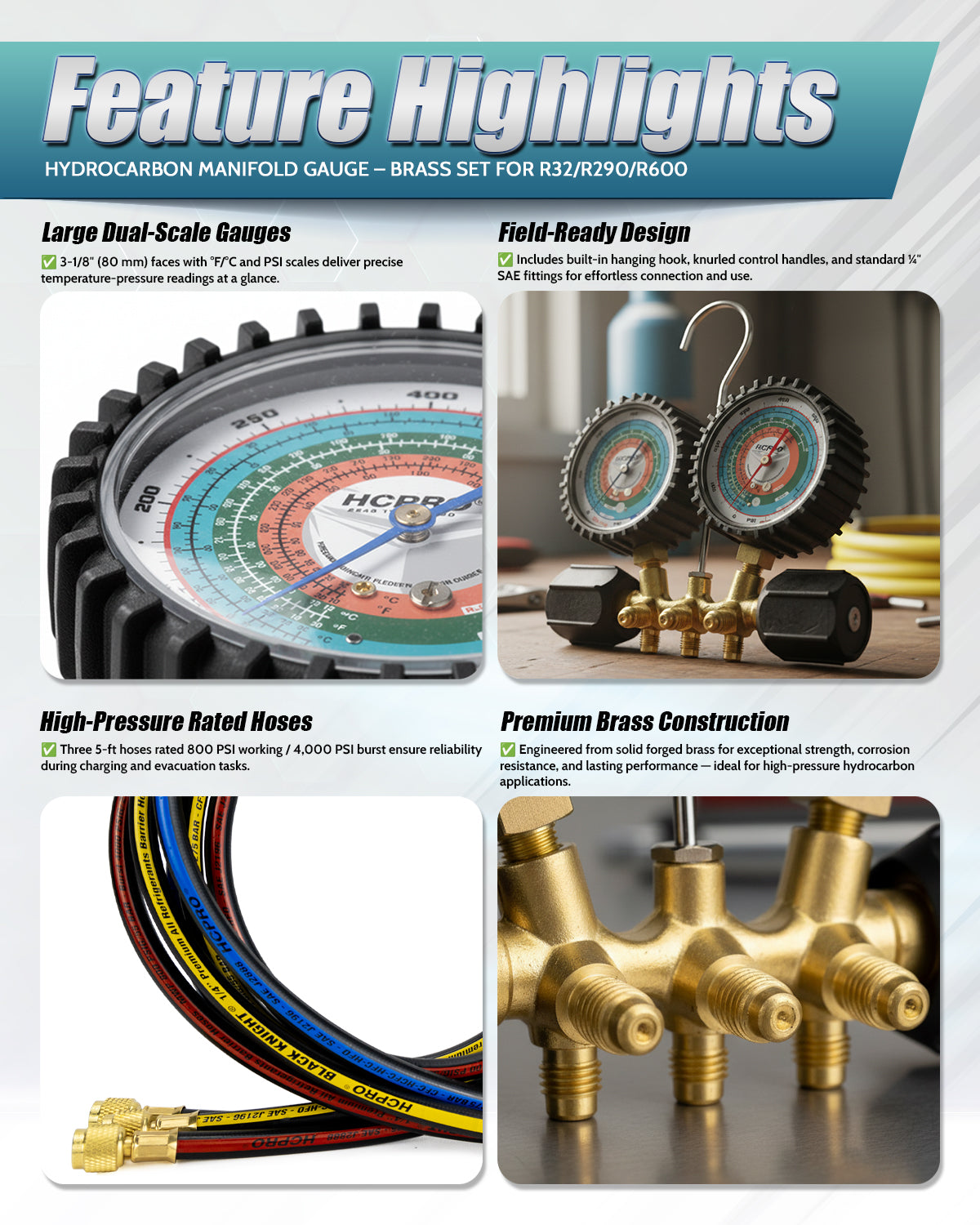 Hydrocarbon Manifold Gauge – Brass Set for R32/R290/R600 + 5 ft Hoses