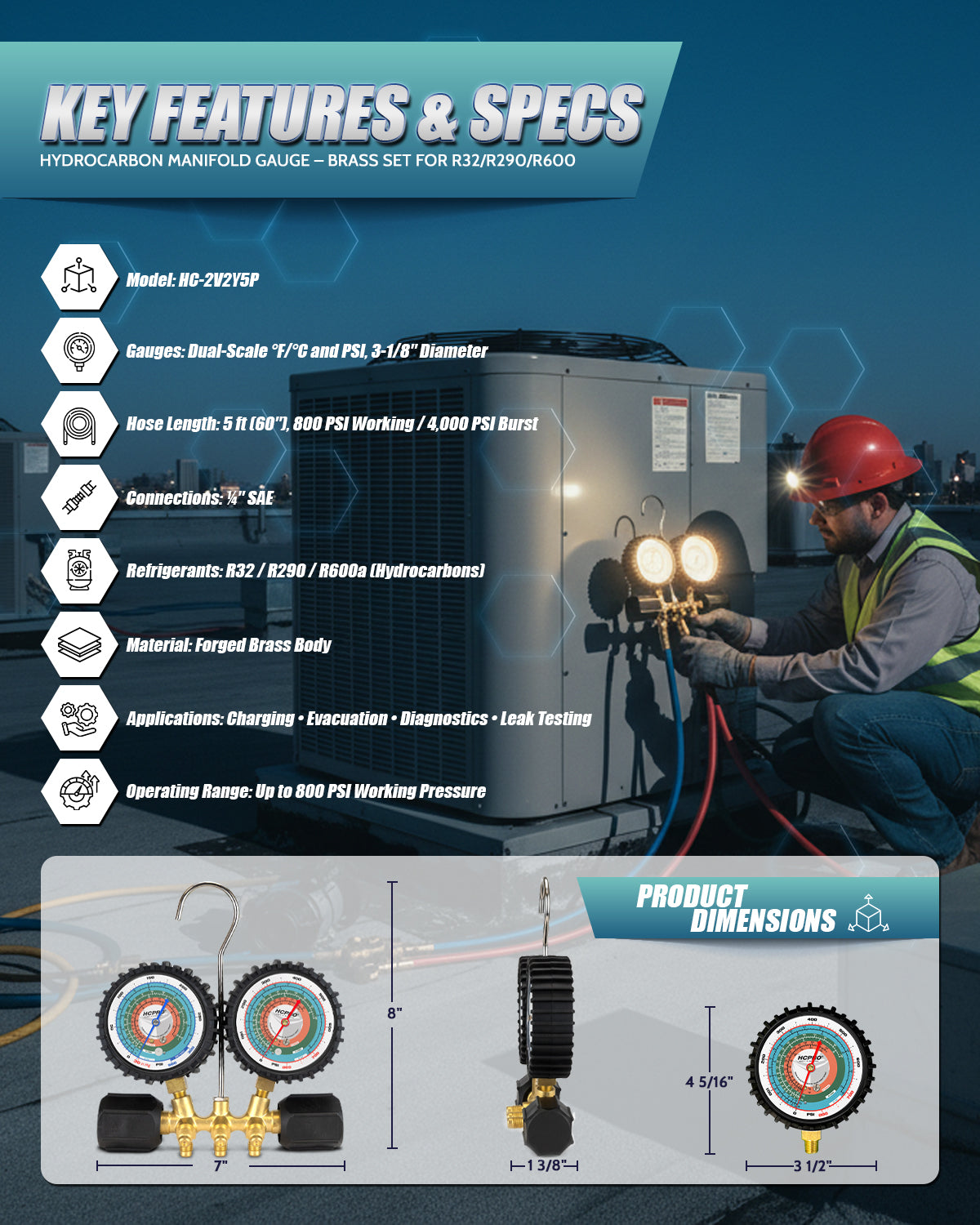 Hydrocarbon Manifold Gauge – Brass Set for R32/R290/R600 + 5 ft Hoses