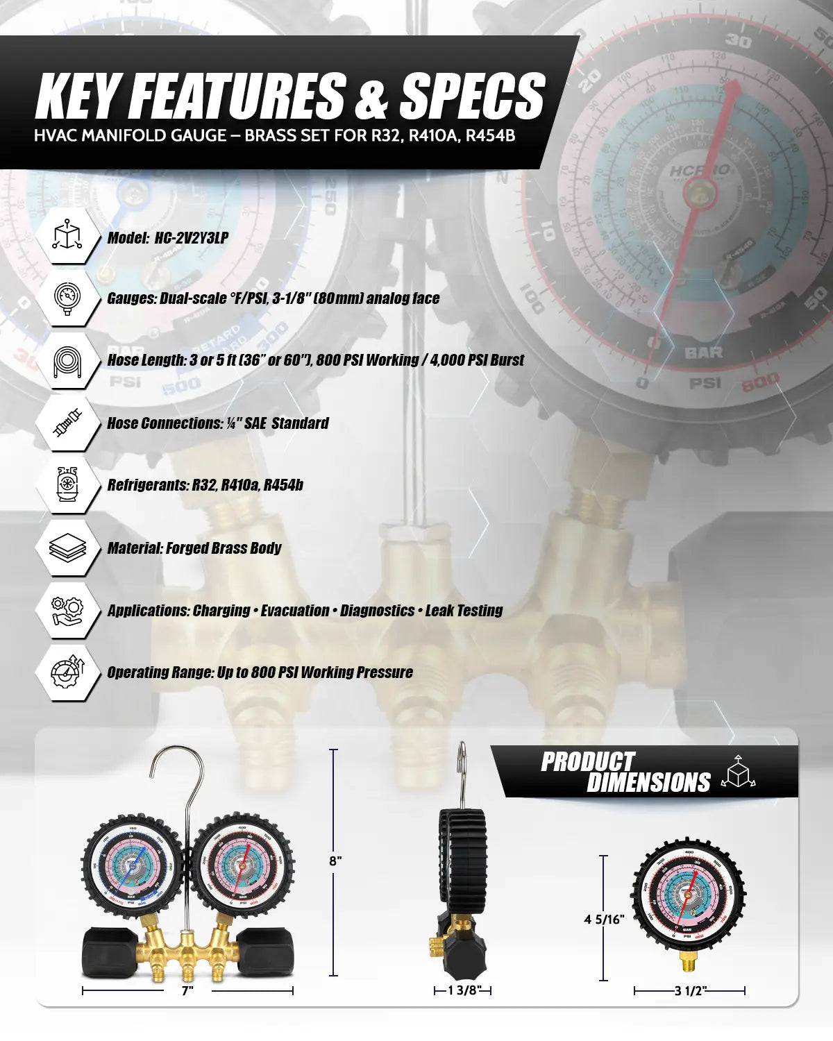 R32 Manifold Gauge – Dual Scale Piston Set for R410A/R454B + 3ft Hoses °F/°C PSI