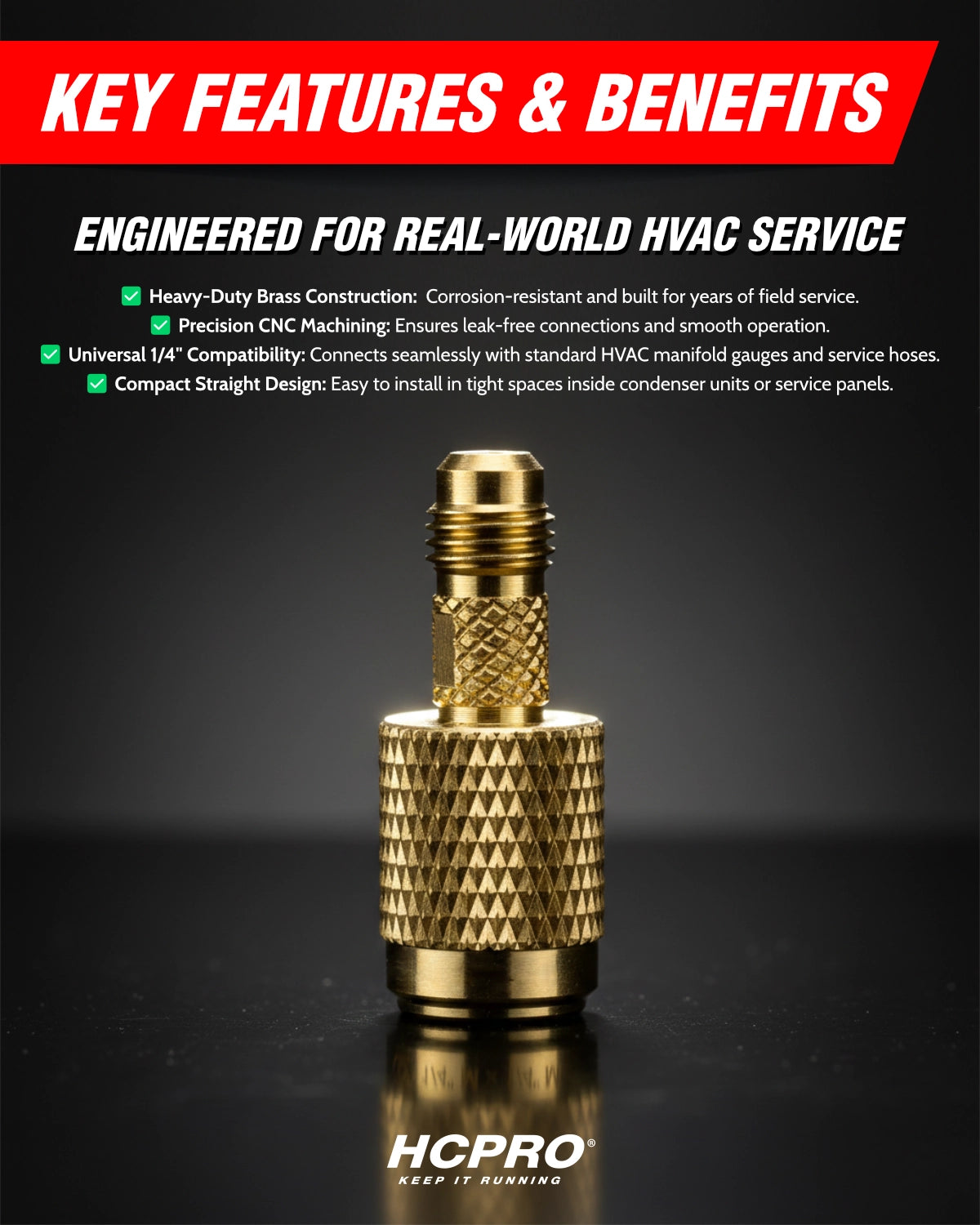 Gold HVAC fitting with text highlighting key features and benefits on a black background