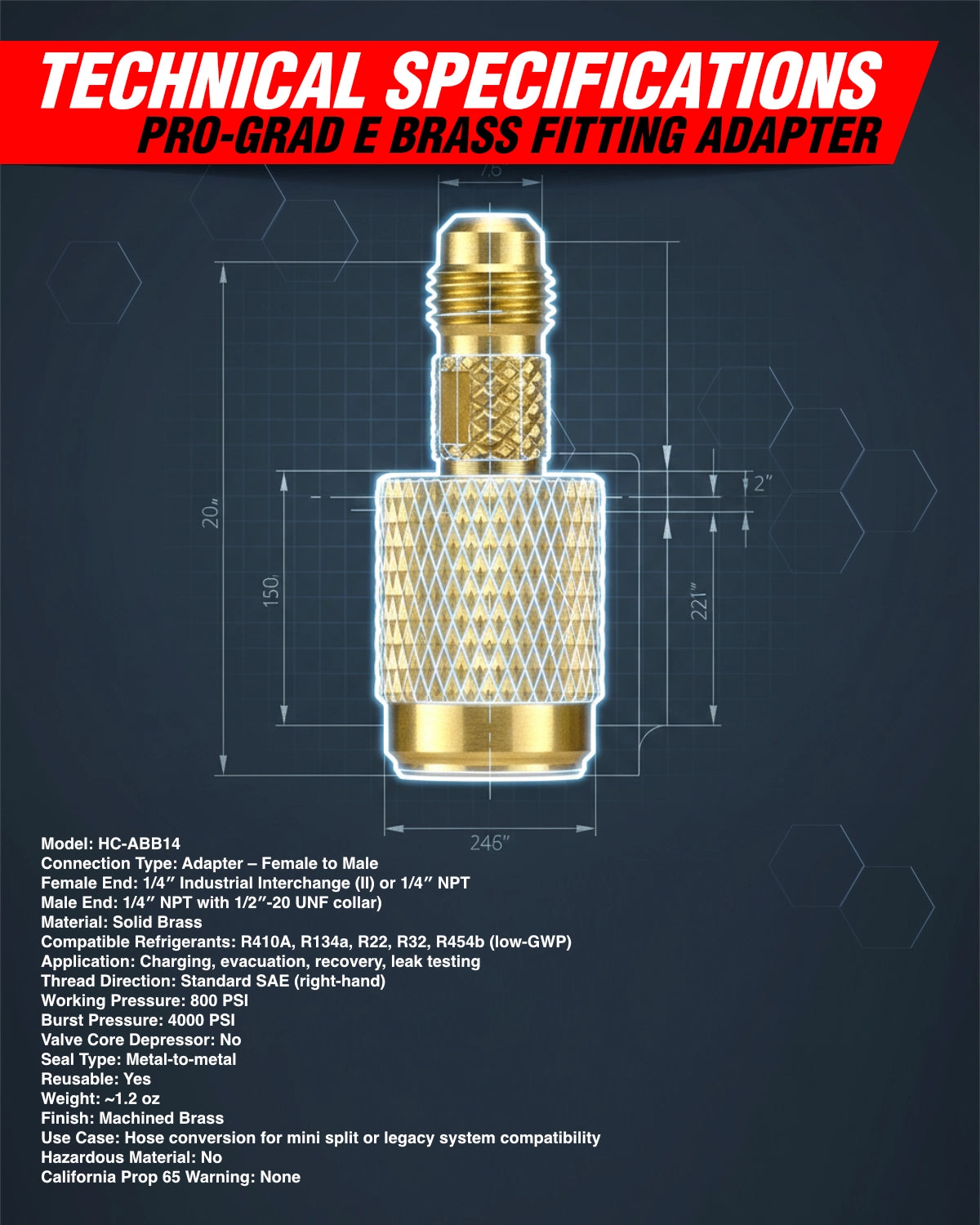 Gold fitting adapter with technical specifications on a dark background