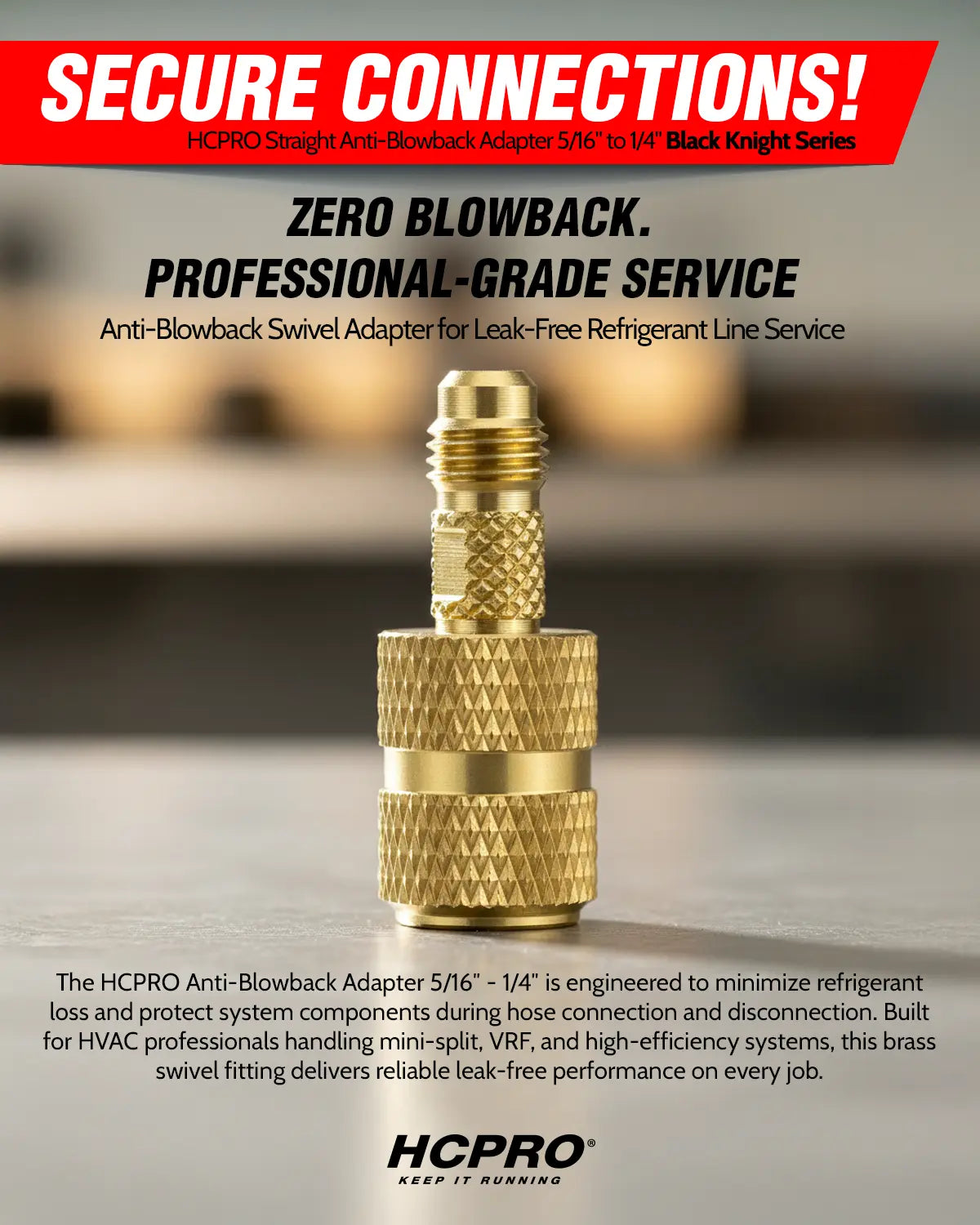 Gold anti-blowback swivel adapter with promotional text about secure connections and professional-grade service.