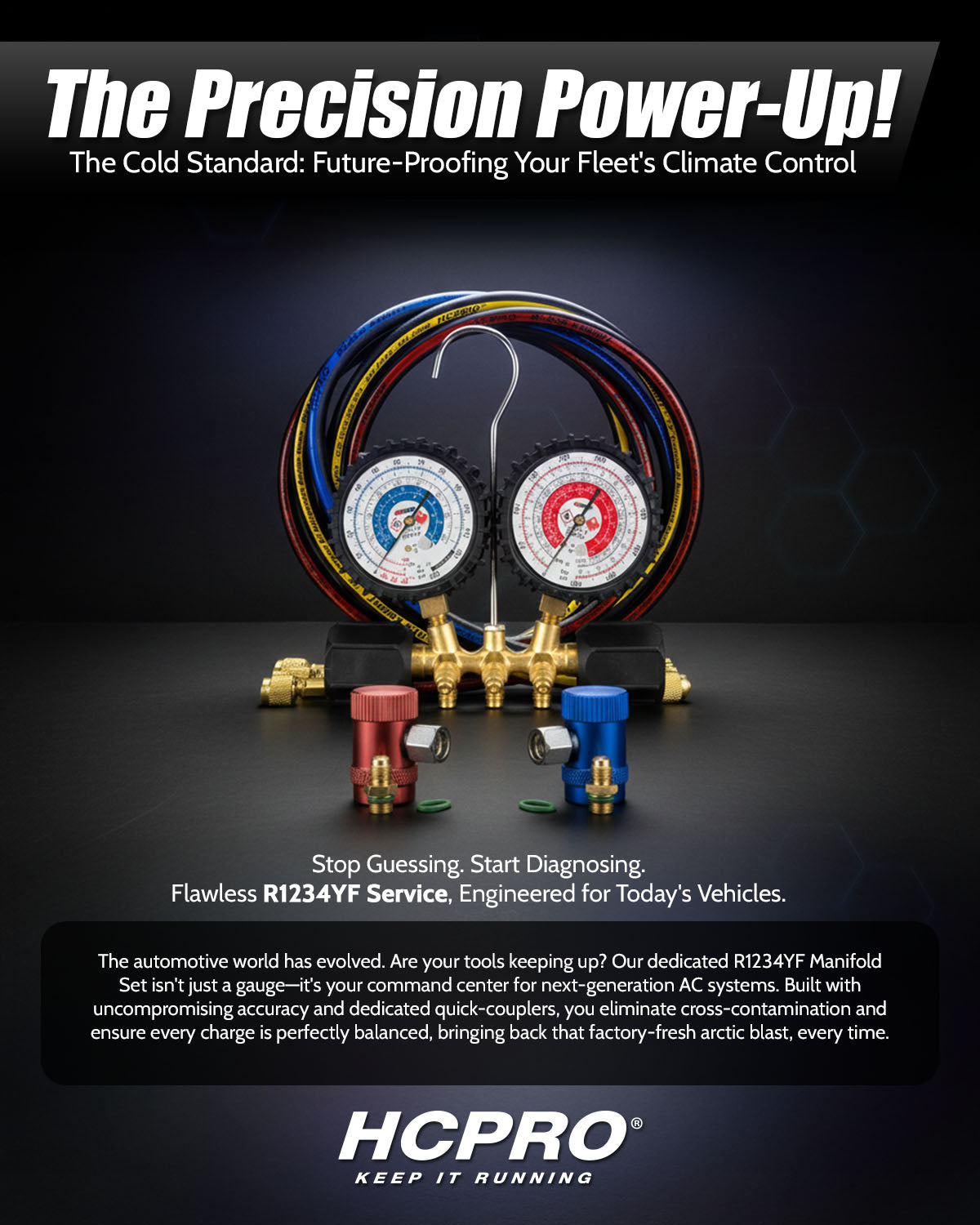 HCPRO automotive climate control system on a dark background with text about future-proofing fleets.