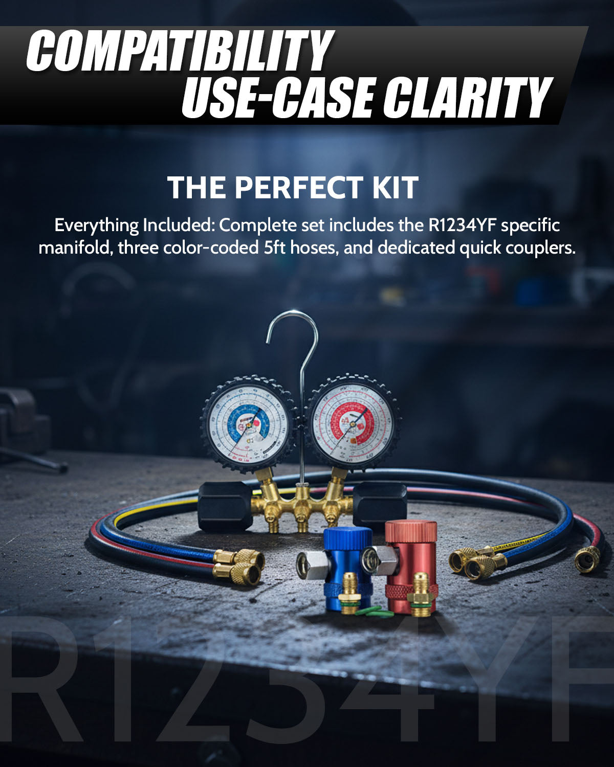 Black Knight R1234YF AC Gauge Set + 5ft Hoses & Quick Adapters