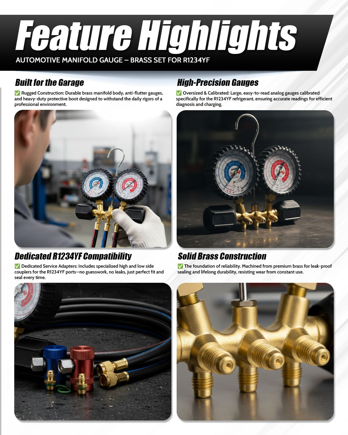 Black Knight R1234YF AC Gauge Set + 5ft Hoses & Quick Adapters