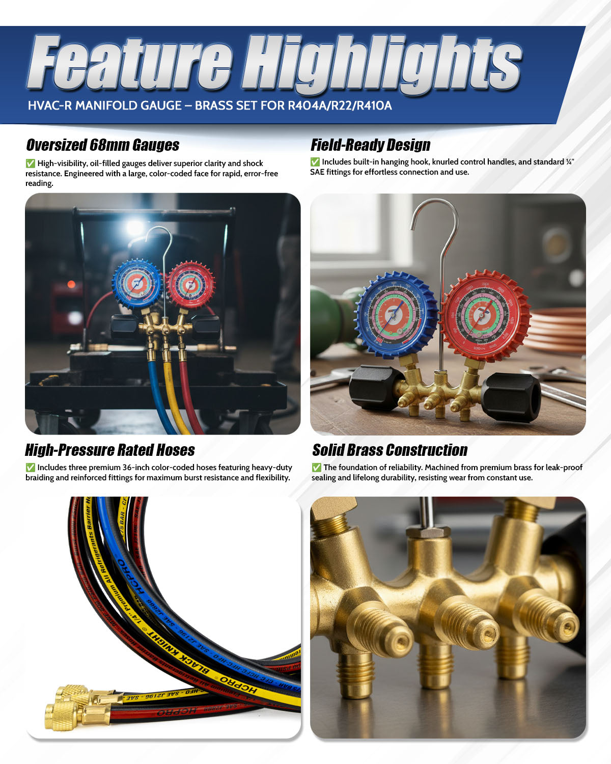 2-Way Brass Manifold Gauge Set R410a/R22/R404a + 3ft Hoses 800 PSI