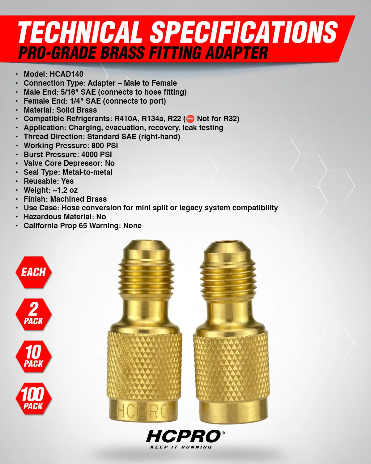 HCAD140 Adapter 5/16" SAE Hose x 1/4" SAE Port – Brass Fitting