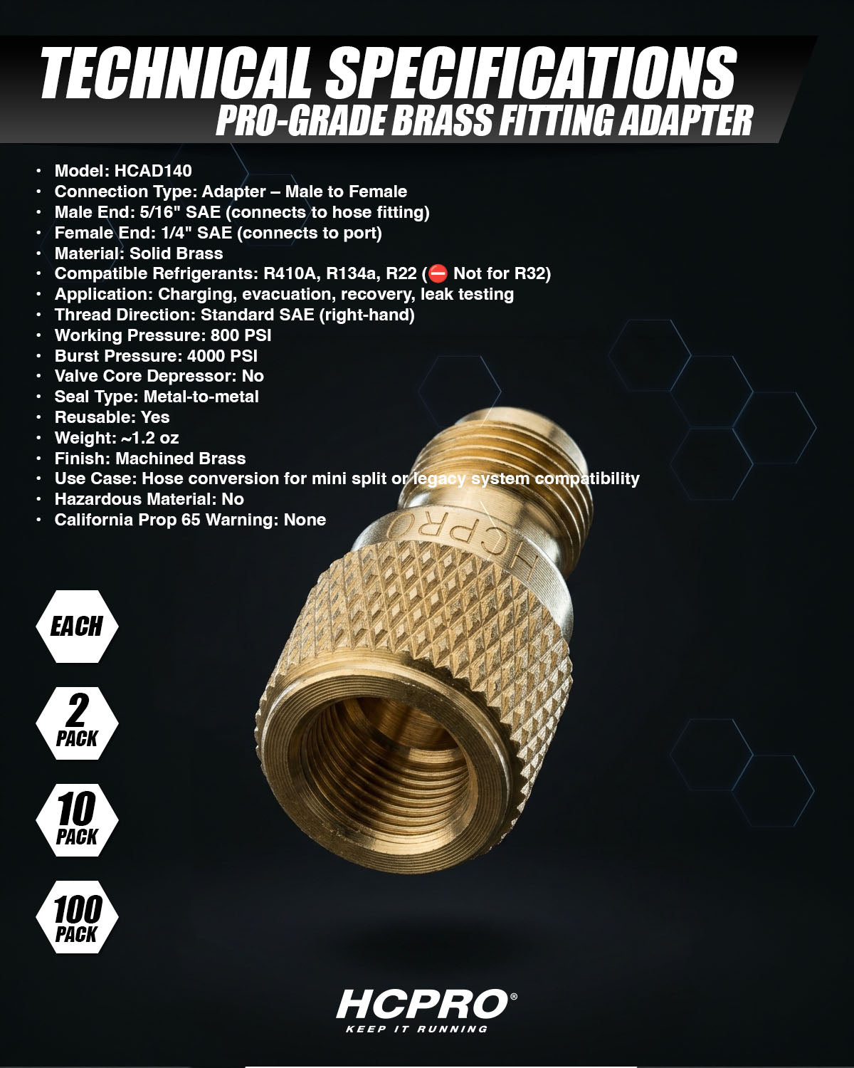 HCAD140 Adapter 5/16" SAE Hose x 1/4" SAE Port – Brass Fitting