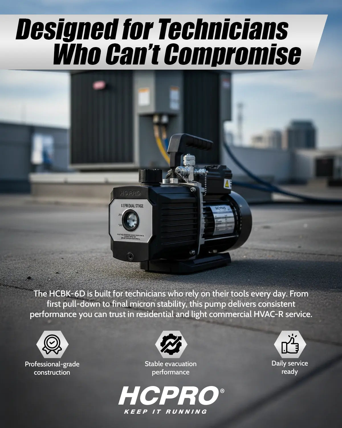 Vacuum pump on a rooftop with promotional text and HCPro branding.