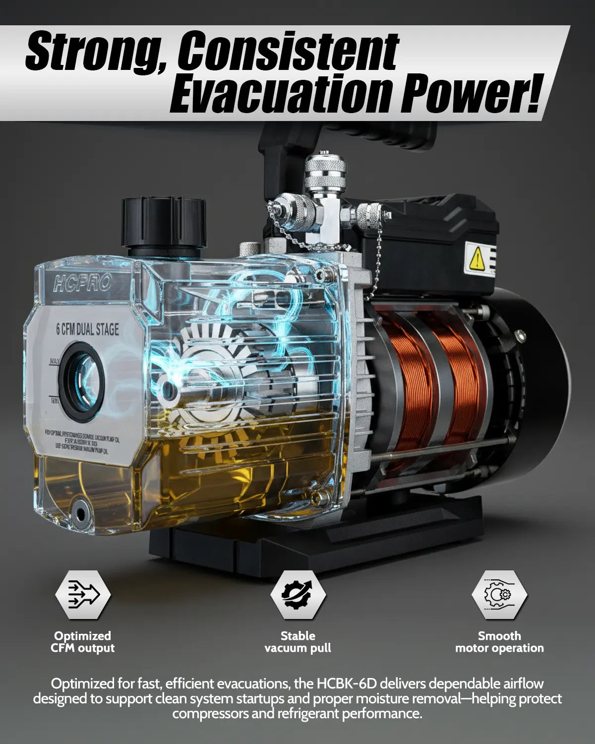 Vacuum pump with clear casing showing internal components, on a dark background with text about power and features.