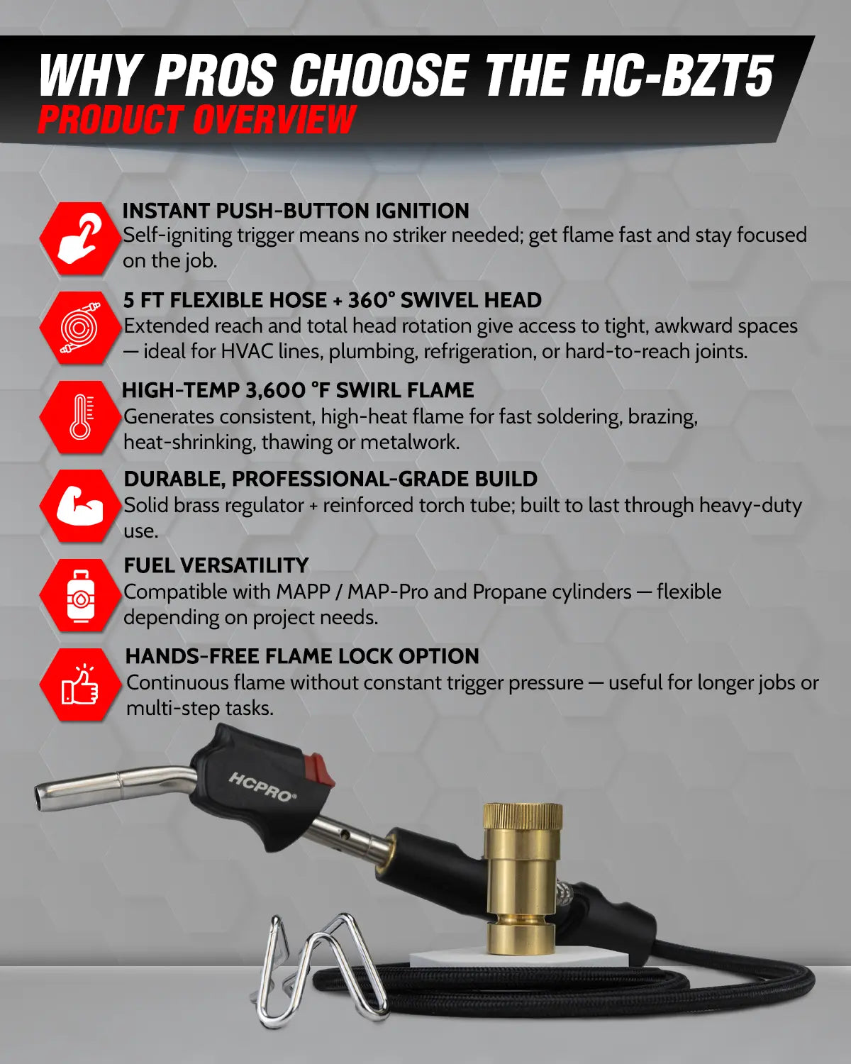 Blaze HC-BZT5 Torch Kit – 5ft Swivel Hose, 360° Head, 3,600 °F Flame