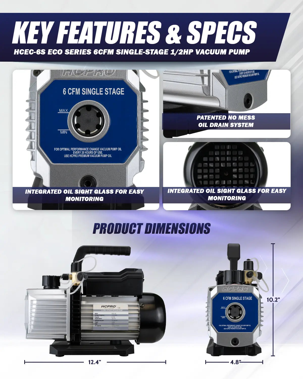 HCEC-6S ECO Series 6 CFM Vacuum Pump 1/2HP Single Stage 115V