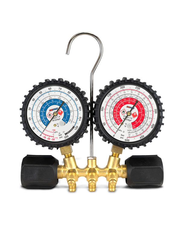 HC-BK2V2YF5 R1234YF A/C Manifold Set – 80 mm Gauges, 5 ft Hoses, Quick Couplers