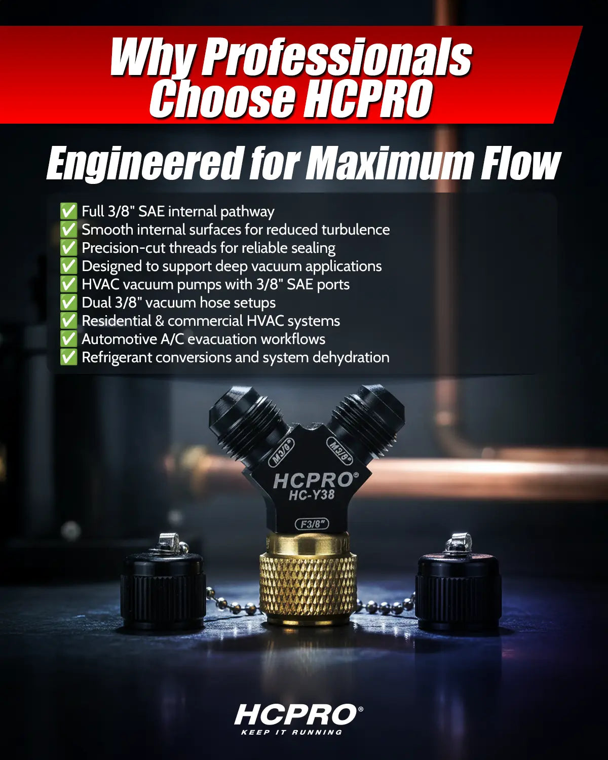 HCPRO vacuum fitting with features listed on a dark background