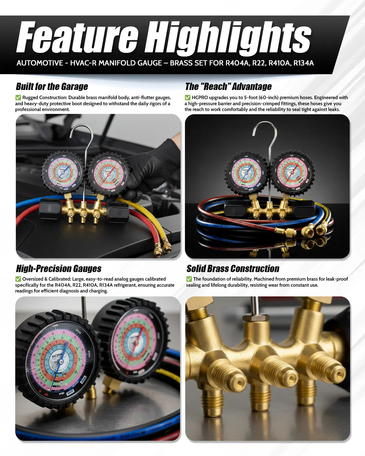 HVAC Manifold Gauge Set R410a/R22/R404a/R134a – 3‑1/8″ Gauges & 5 ft Anti‑Blowback Hoses