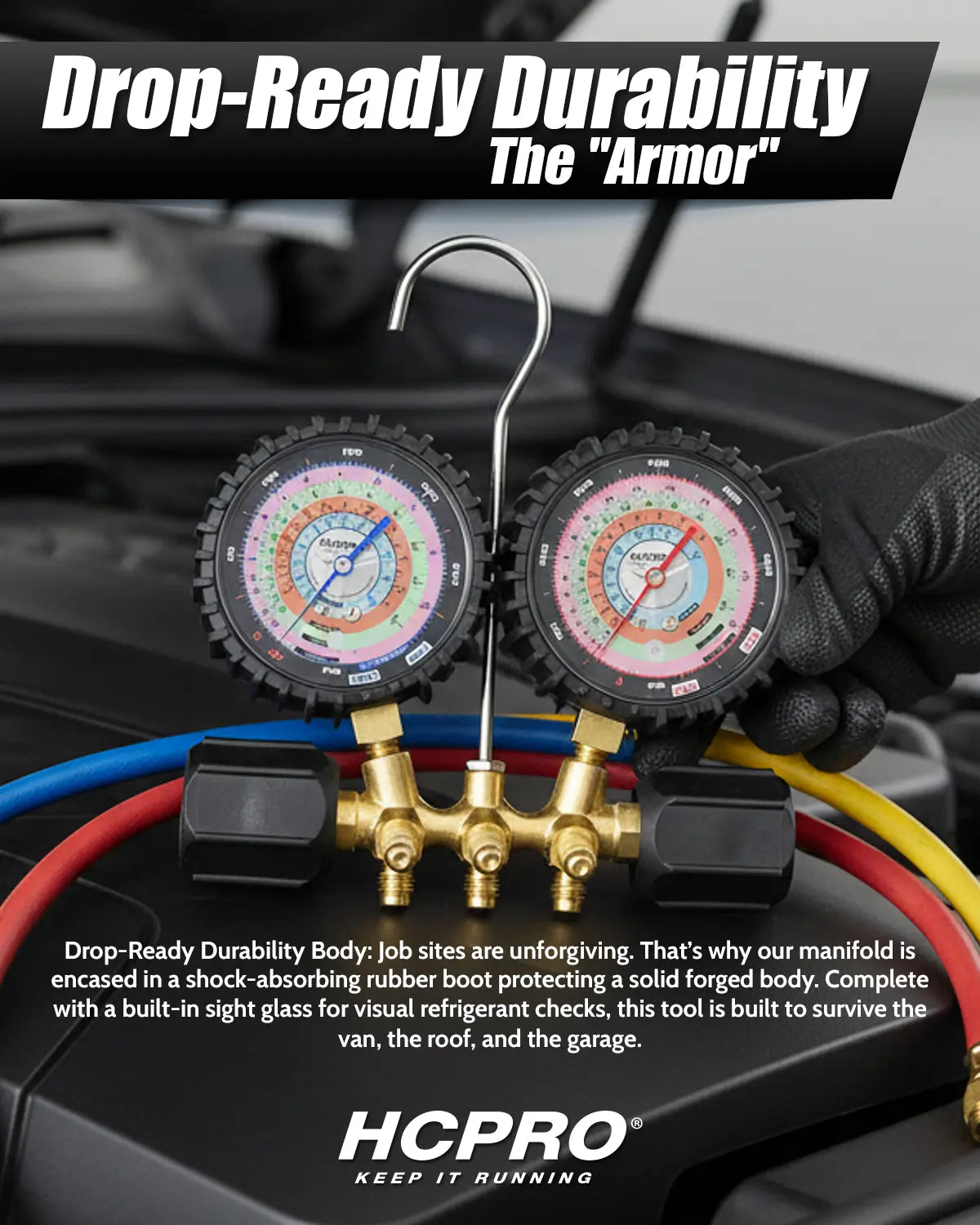 HVAC Manifold Gauge Set R410a/R22/R404a/R134a – 3‑1/8″ Gauges & 5 ft Anti‑Blowback Hoses
