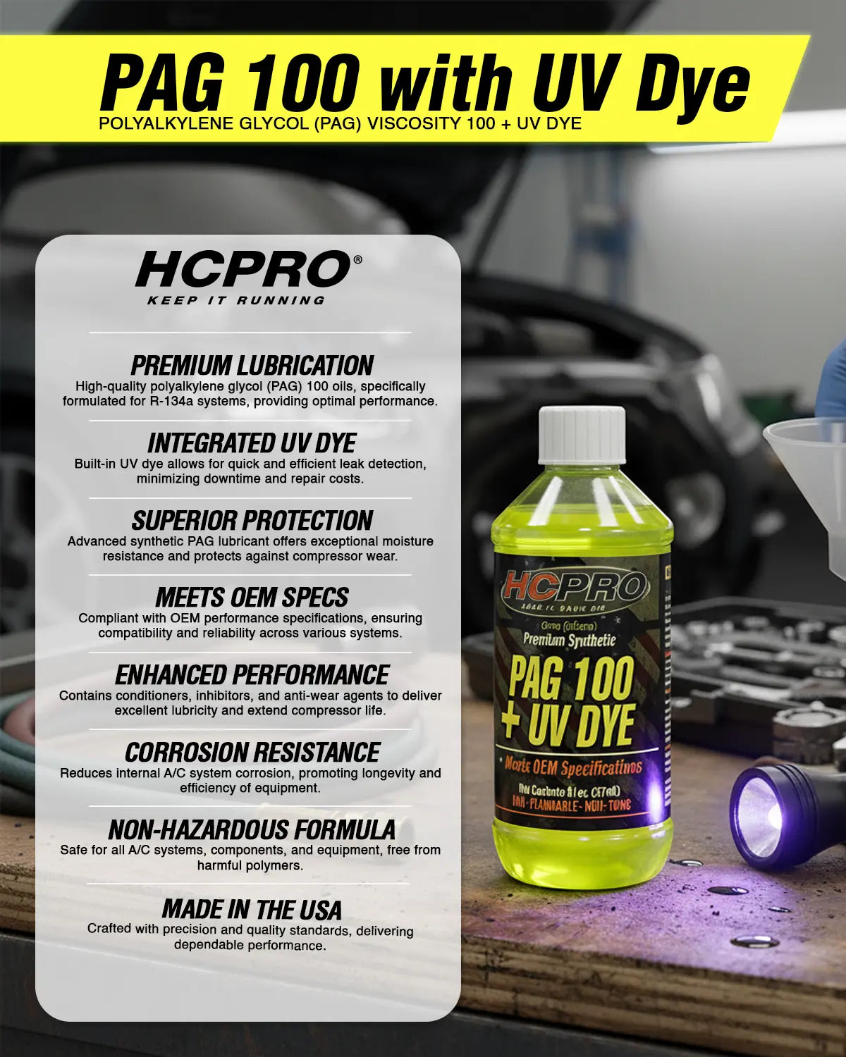 PAG 100 Oil w/ UV Dye – 8 oz for R134a AC Systems | Leak Detection