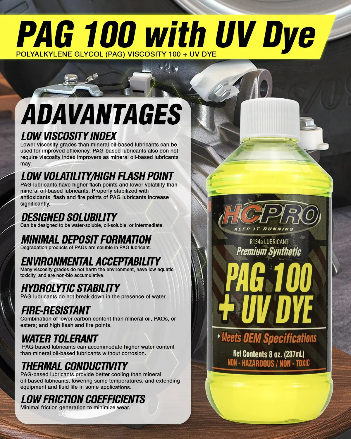 PAG 100 Oil w/ UV Dye – 8 oz for R134a AC Systems | Leak Detection