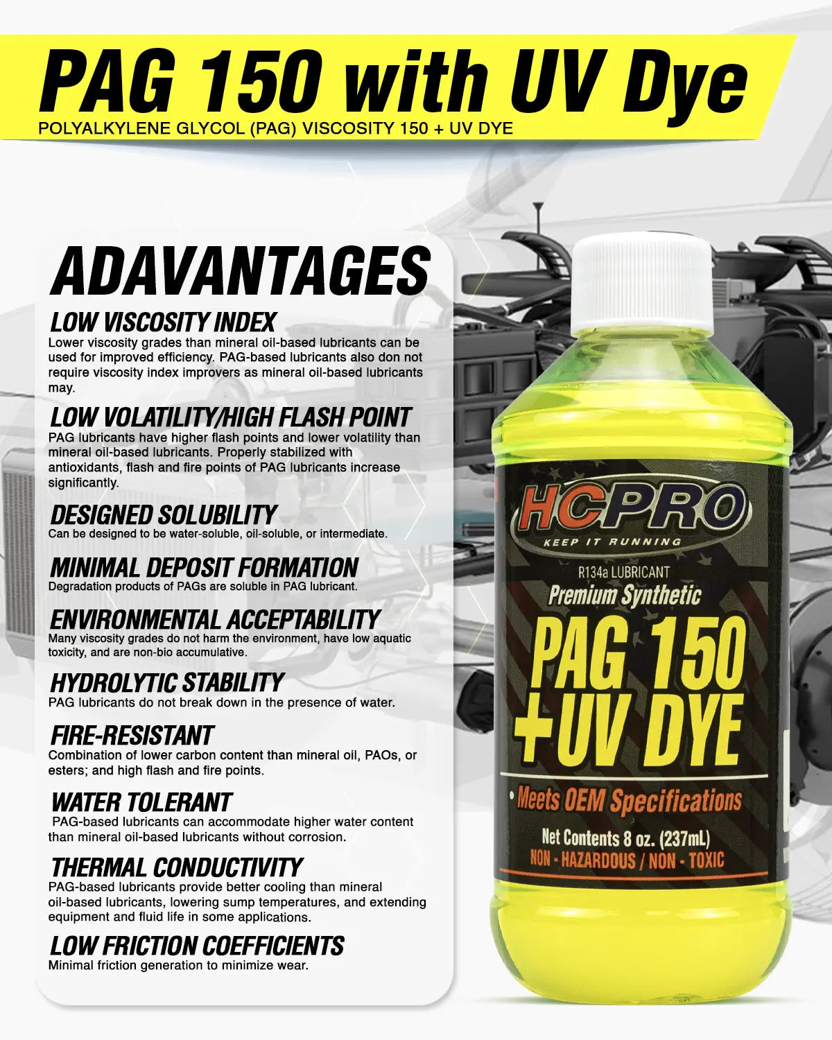 PAG 150 Oil w/ UV Dye – 8 oz for R134a A/C Systems | Leak Detection