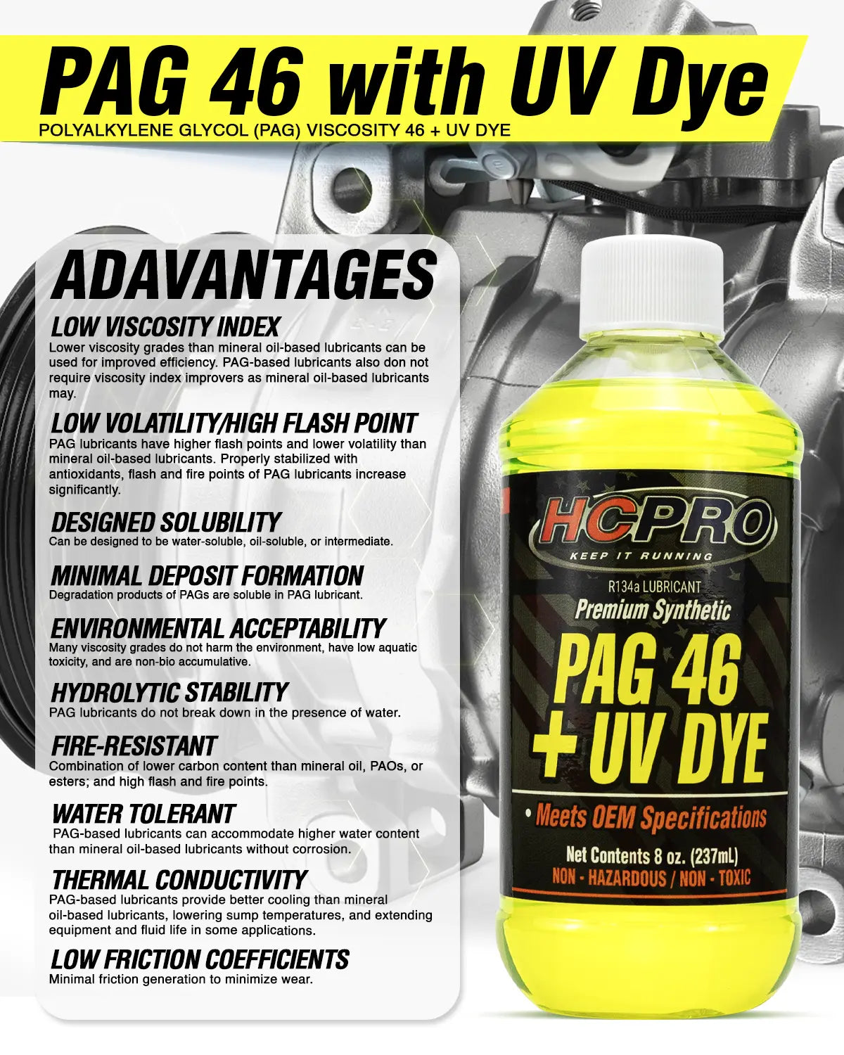 PAG 46 Oil w/ UV Dye – 8 oz for R134a A/C Systems | Leak Detection