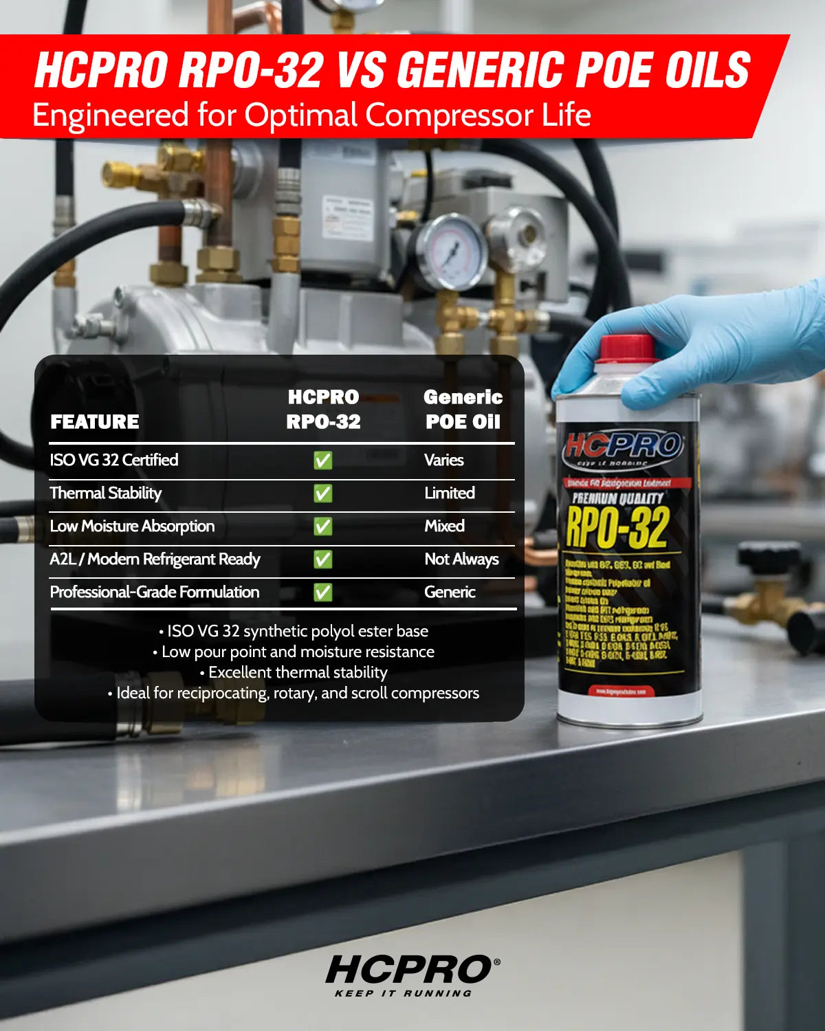 RPO-32 Synthetic POE Refrigeration Oil — R-410A, R-32, R-134a, R-1234yf & A2L