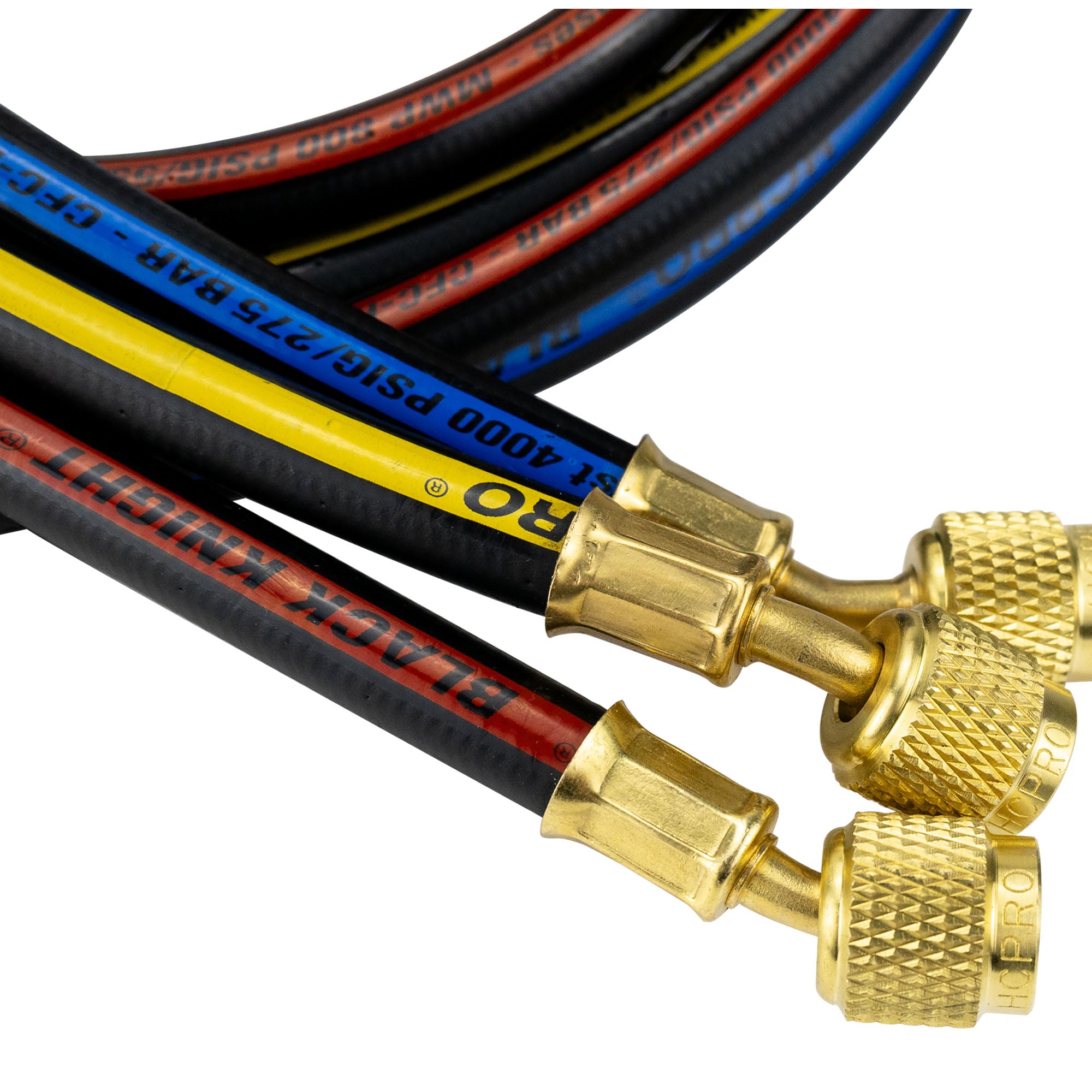 HC-2V2F5BK Brass 2-Way Manifold Gauge Set R410a, R22, R404a, R134a °F PSI, 3-1/8" Gauges, (5) 60” Standard ¼” Premium Black Hoses Rated 4000 PSI Burst, 800 PSI image 5