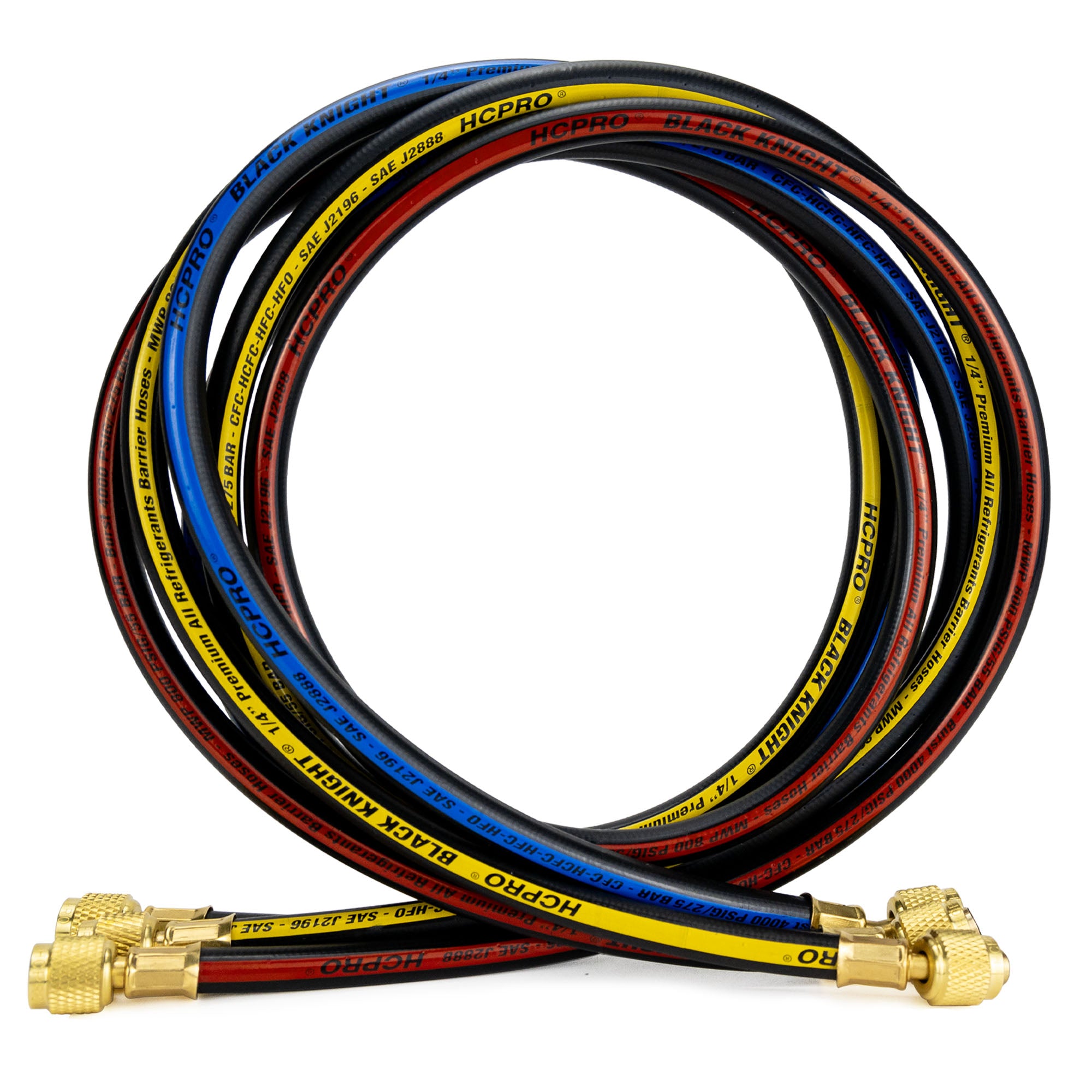 HC-2V2F5BK Brass 2-Way Manifold Gauge Set R410a, R22, R404a, R134a °F PSI, 3-1/8" Gauges, (5) 60” Standard ¼” Premium Black Hoses Rated 4000 PSI Burst, 800 PSI image 2