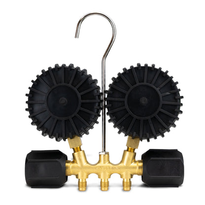 HC-2V2F5BK Brass 2-Way Manifold Gauge Set R410a, R22, R404a, R134a °F PSI, 3-1/8" Gauges, (5) 60” Standard ¼” Premium Black Hoses Rated 4000 PSI Burst, 800 PSI image 3