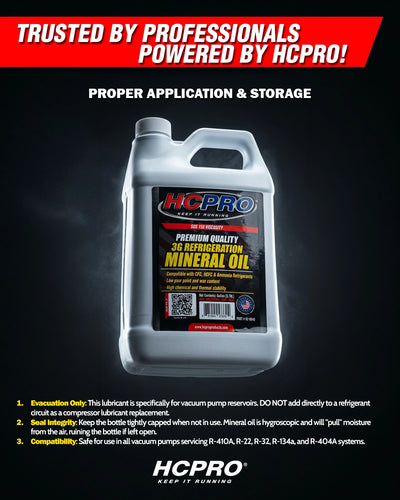 HCPro mineral oil container with branding and product details on a dark background