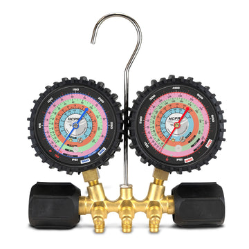 HC-2V2F5AB Brass 2-Way Manifold Gauge Set R410a, R22, R404a, R134a °F PSI, 3-1/8" Gauges, (5) 60” Anti-Blowback ¼” Premium Black Hoses Rated 4000 PSI Burst, 800 PSI image 1