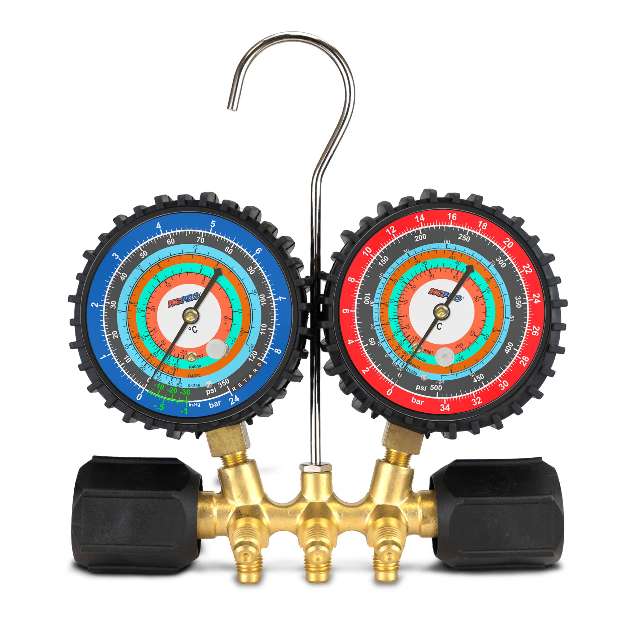 HC-2V5C5BV Brass 2-Way Manifold Gauge Set R134a, R404a, R407c, R507 °C PSI, 3-1/8" Gauges, (5) 60” Ball-Valve ¼” Premium Black Hoses Rated 4000 PSI Burst, 800 PSI image 1