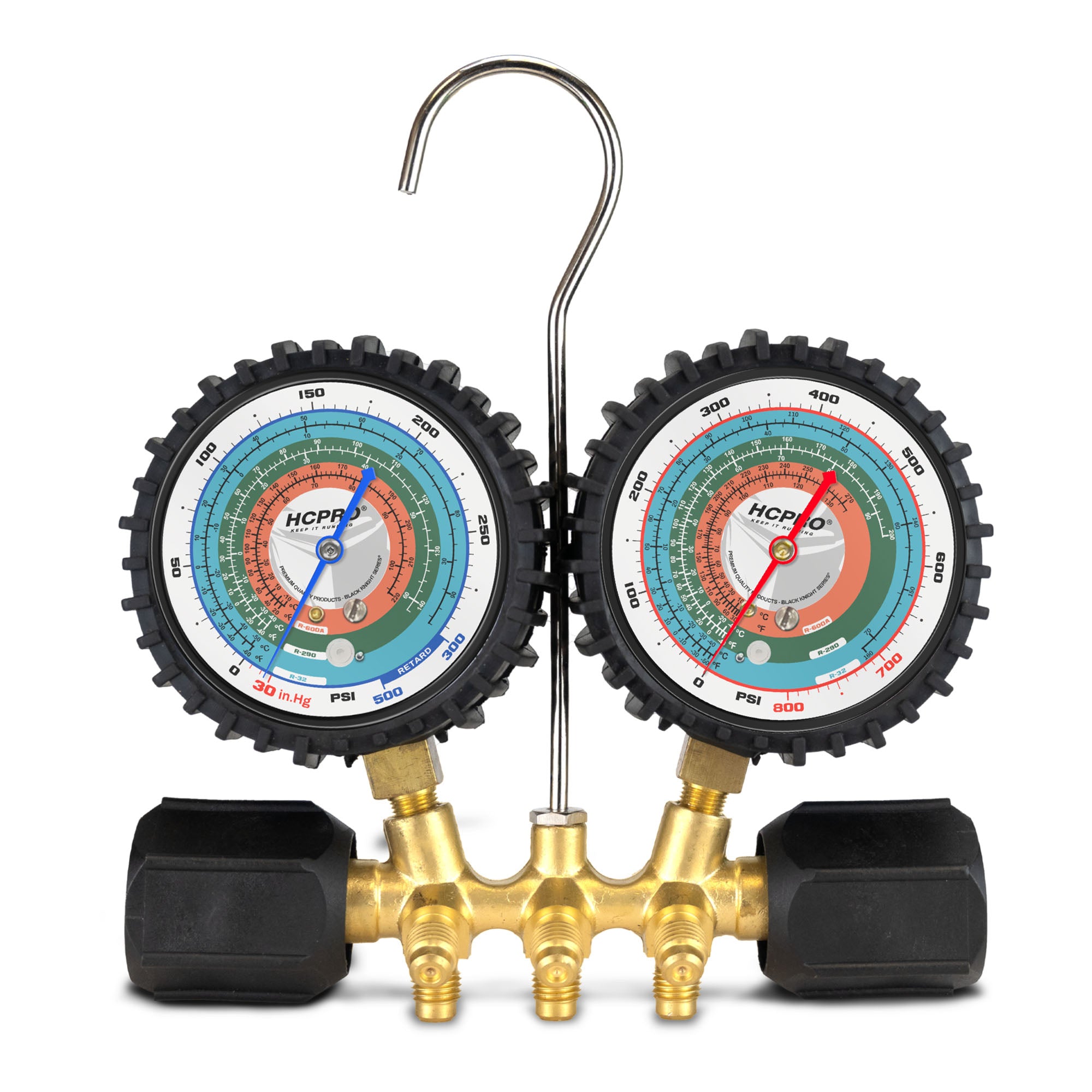 HC-2V2Y3P Brass 2-Way Manifold Gauge Set R32, R290, R600 (Hydrocarbons) °F/°C PSI, 3-1/8" Gauges, (3) 36” Standard ¼” Premium Black Hoses Rated 4000 PSI Burst, 800 PSI image 1